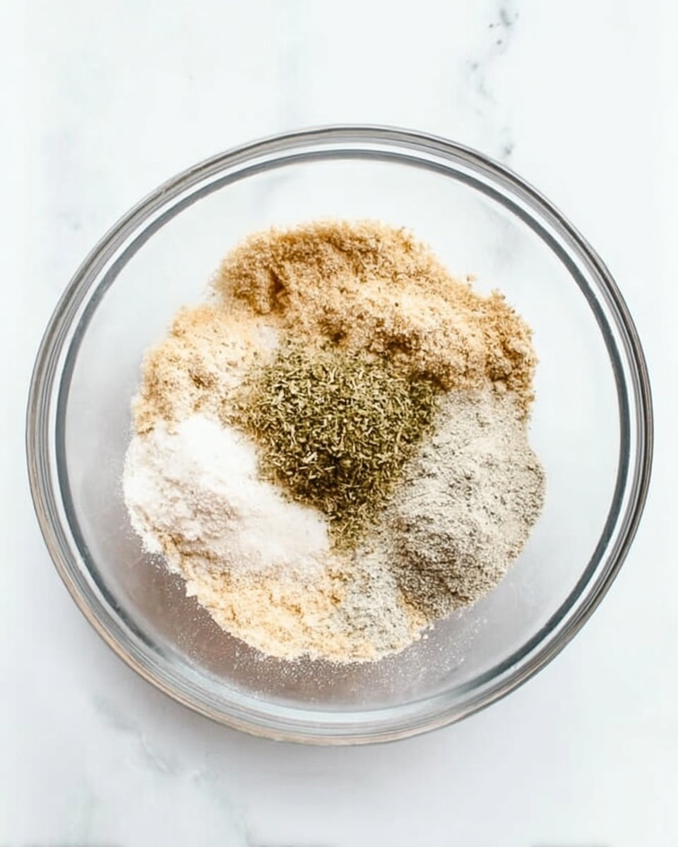A clear glass bowl on a white marbled surface holds five separate piles of dry ingredients. The bottom left pile is light beige and grainy, next to it on the bottom right is a pale brown powder. At the top center, there is a small pile of green dried herbs. To the left of that is a white granular pile, and at the top right is a grayish-beige powder. The ingredients form a rough circle with distinct colors and textures visible. Photo taken with an iphone --ar 4:5 --v 7