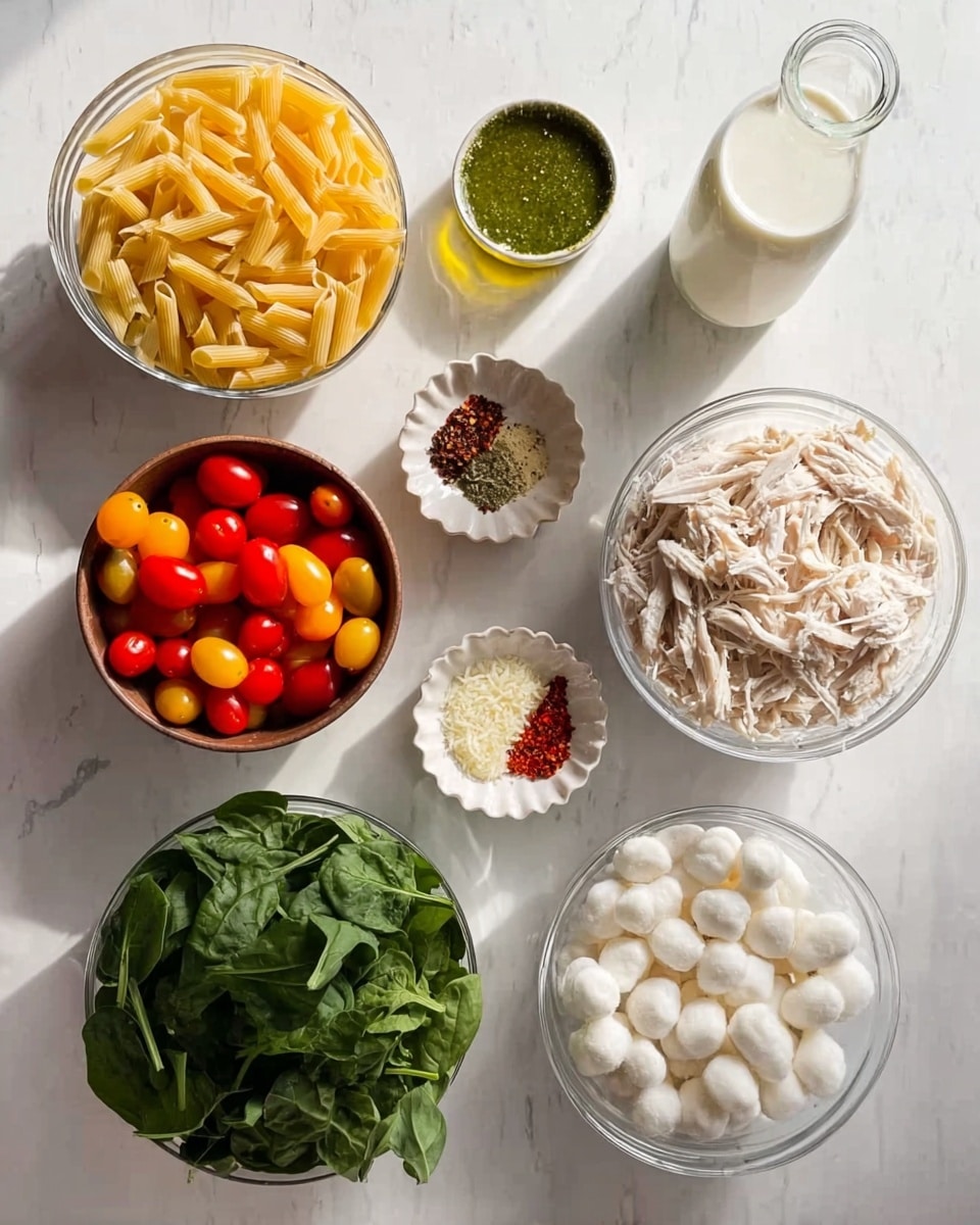 The image shows a white marbled surface with several white and brown bowls and small white dishes arranged neatly, all holding different ingredients. At the top left is a clear round bowl filled with uncooked yellow penne pasta. Below it to the left is a brown bowl full of small red and yellow cherry tomatoes. Next to the tomatoes is a clear bowl with shredded cooked chicken. On the bottom right is a white bowl packed with fresh green spinach leaves. Above this is a clear bowl with many small white cheese balls. In the center are three small containers: a small white bowl of grated cheese, a small white scalloped dish with mixed pepper, and a small white dish with red chili flakes. Between these is a small glass bottle of olive oil and a round container of green sauce. At the back right, there is a tall clear glass with a white liquid, most likely milk or cream. The whole setting is bright with natural light, showing fresh and colorful ingredients. photo taken with an iphone --ar 4:5 --v 7
