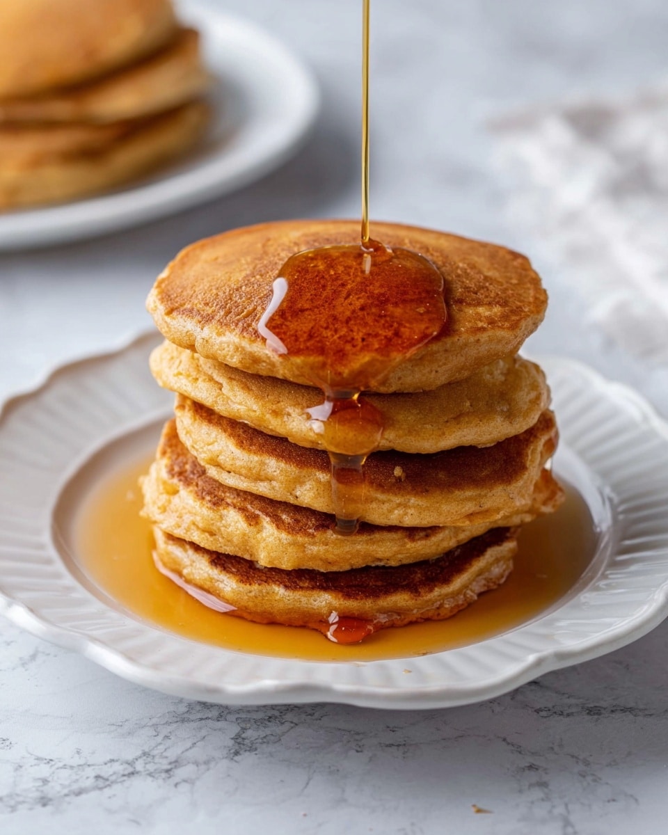 A stack of five golden brown pancakes with a slightly uneven and soft texture sits in the center of a white plate with a scalloped edge. Warm, amber syrup is being poured over the top pancake, flowing down the sides and pooling slightly on the white marbled surface beneath the plate. The background also features the white marbled texture, and a blurred white plate with more pancakes is visible in the top left corner. The focus is on the pancakes and syrup, showing the warm and inviting colors clearly. photo taken with an iphone --ar 4:5 --v 7