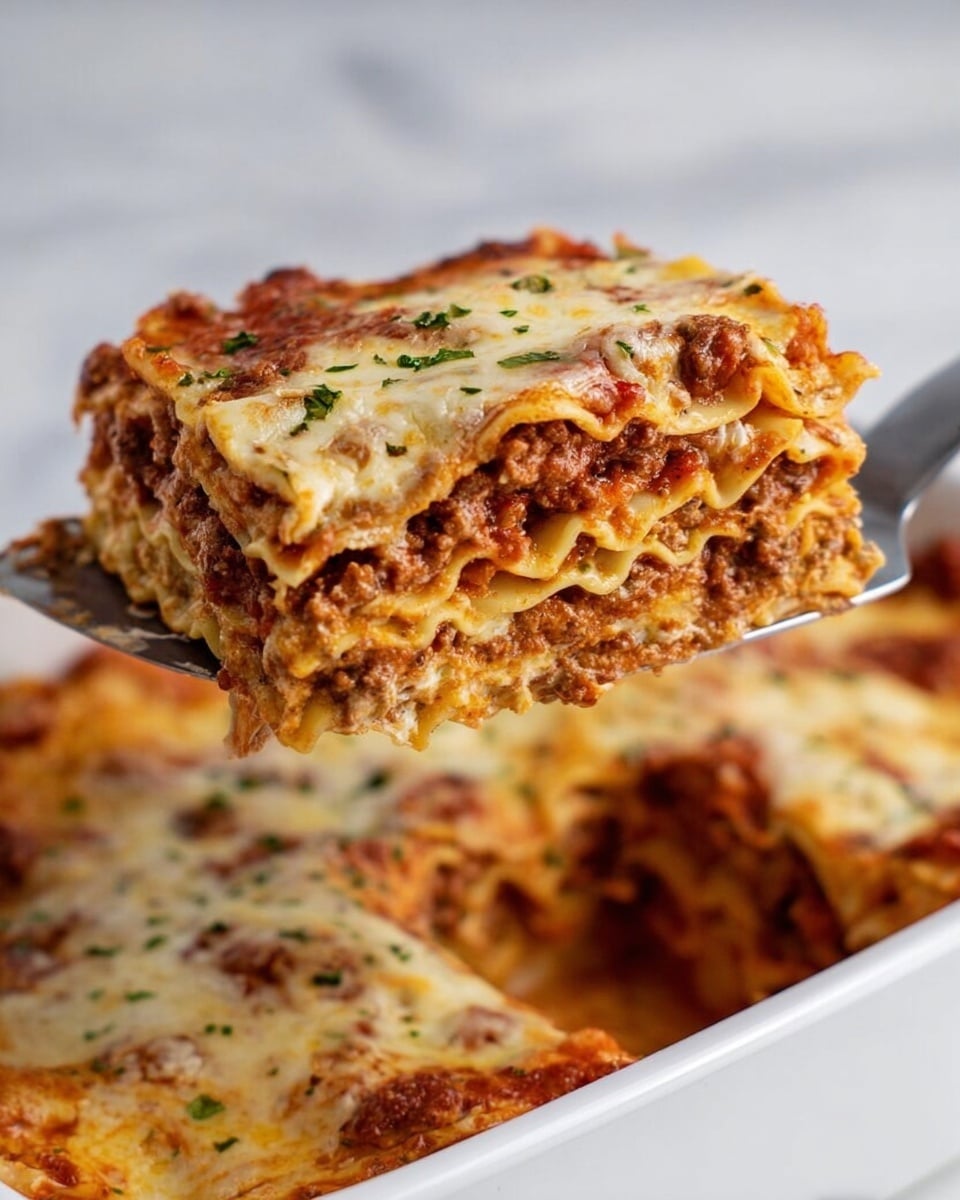 A close-up view of a thick slice of lasagna held above a white dish with a metal spatula. The lasagna shows multiple layers, starting with wavy pasta sheets on the top and bottom. Between the pasta layers, there are rich brown meat and creamy cheese layers with a red tomato sauce that looks slightly chunky. The top layer is melted cheese with small green herb pieces sprinkled on it. The background is a white marbled texture. photo taken with an iphone --ar 4:5 --v 7