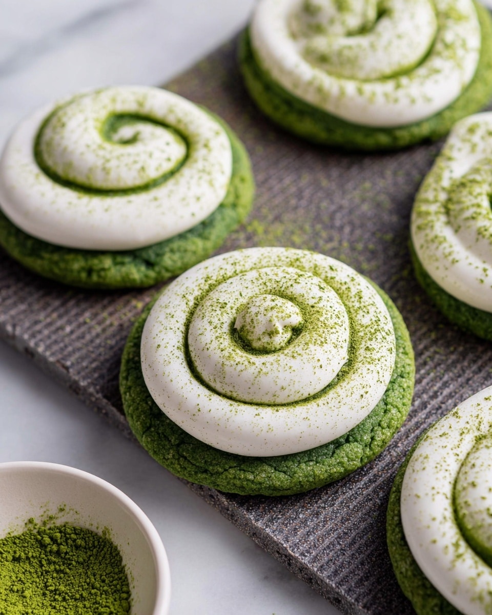 A close-up view of green round cookies with a thick swirl of white cream on top, decorated with green powder sprinkled over the cream and cookies. The cookies have one layer, with the green base and the white cream sitting neatly in a spiral on top, placed on a dark textured board against a white marbled surface. In the corner, a white plate with more green powder is partly visible. Photo taken with an iphone --ar 4:5 --v 7
