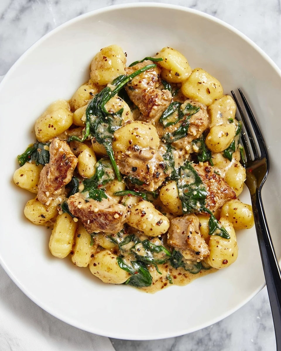 The dish shows one layer of small, soft gnocchi in pale yellow color mixed with pieces of browned chicken that have a slightly crispy texture. There are wilted green spinach leaves scattered throughout the dish, all covered in a creamy, light brown sauce with specks of seasoning. The food is served in a white plate, and a black fork is placed on the right side of the plate. The background is a white marbled surface. photo taken with an iphone --ar 4:5 --v 7