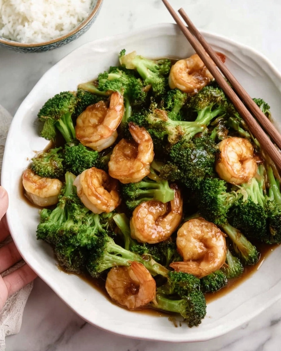 The image shows a white round plate filled with bright green broccoli florets and several cooked shrimp with a light brown sauce coating them, creating a shiny texture. The broccoli pieces are in various sizes, mixed evenly with the medium-sized shrimp that curl slightly, positioned on top and around the vegetables. The plate is placed on a white marbled surface, and in the background, there is a small bowl filled with white rice and a pair of brown chopsticks resting on a white plate. A woman's hand is holding the chopsticks near the edge of the frame. photo taken with an iphone --ar 4:5 --v 7