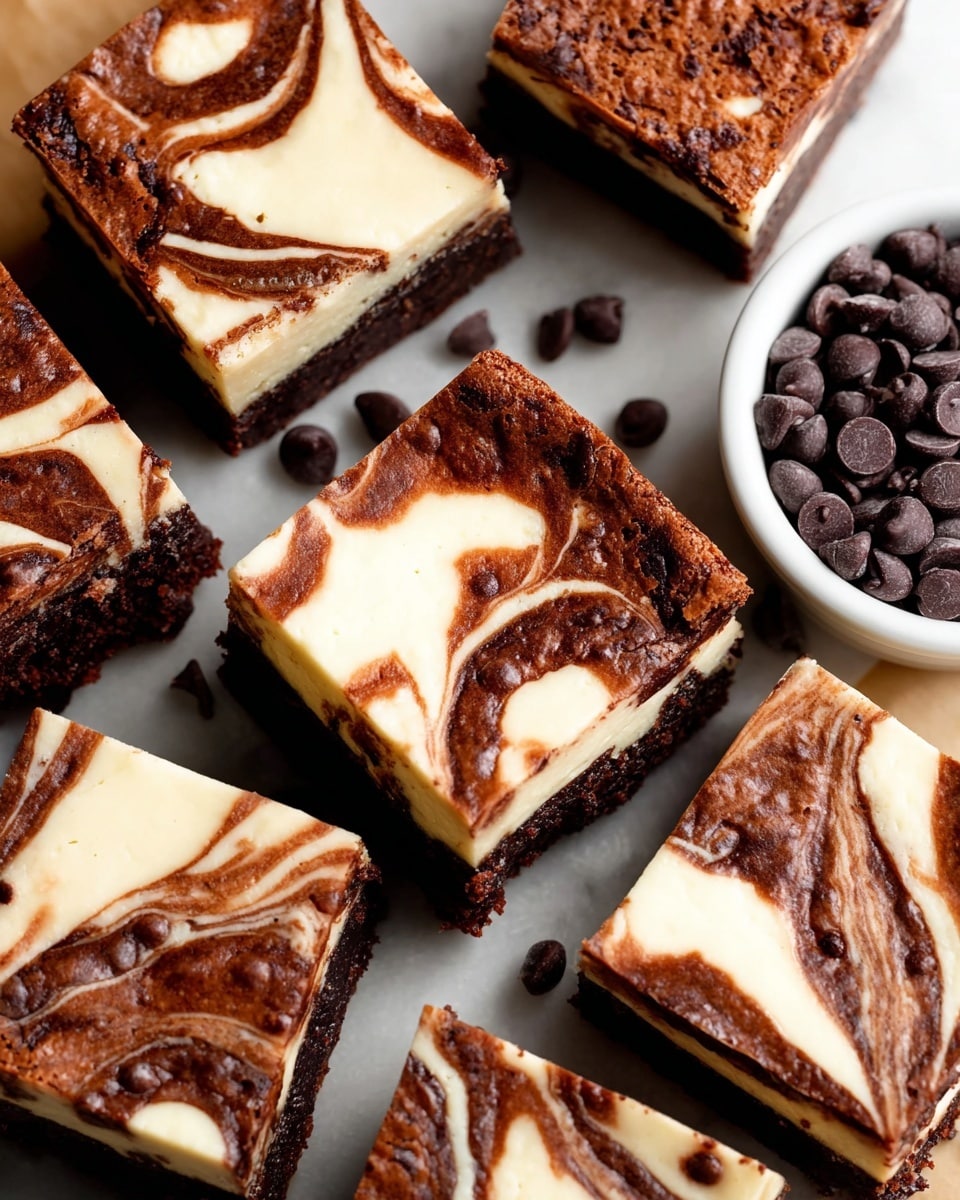 The image shows several square pieces of cheesecake brownies arranged closely together on a white marbled surface. Each brownie has two visible layers: a dark brown, textured chocolate base layer, and a smooth, creamy, off-white cheesecake layer on top, with dark brown chocolate swirls creating a marbled pattern throughout the top layer. To the top right, there is a round white bowl filled with small, dark brown chocolate chips. The lighting highlights the glossy texture of the cheesecake layer and the cracks on the chocolate layer, giving a rich and fresh look. Photo taken with an iphone --ar 4:5 --v 7