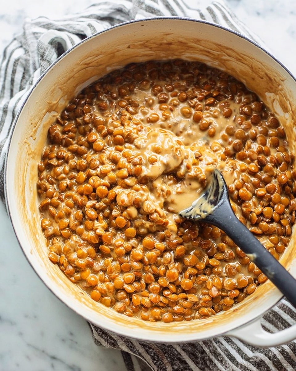 A white pot filled with a thick mix of small round brown lentils covered in a creamy light brown sauce, giving the dish a soft texture. A black spoon is stirring the lentils, with some sauce clinging to it. The pot sits on a white marbled surface with a striped cloth partially visible. The lentils are densely packed, showing little separation between them, and the sauce adds a slightly glossy finish. photo taken with an iphone --ar 4:5 --v 7
