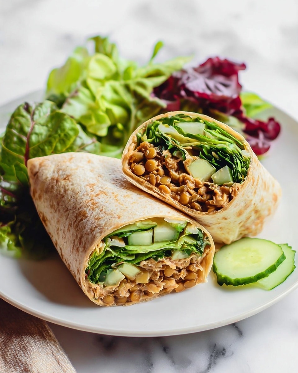 Two halves of a wrap are placed on a white plate on a white marbled surface, layered with light brown tortilla on the outside. Inside, there are layers of green leafy lettuce, slices of pale green cucumber, and cooked brown lentils mixed with a light sauce. The wraps are surrounded by a small side salad of different green leaves, a piece of red lettuce, and a slice of cucumber. The textures show a soft wrap, crunchy fresh vegetables, and soft lentils. photo taken with an iphone --ar 4:5 --v 7