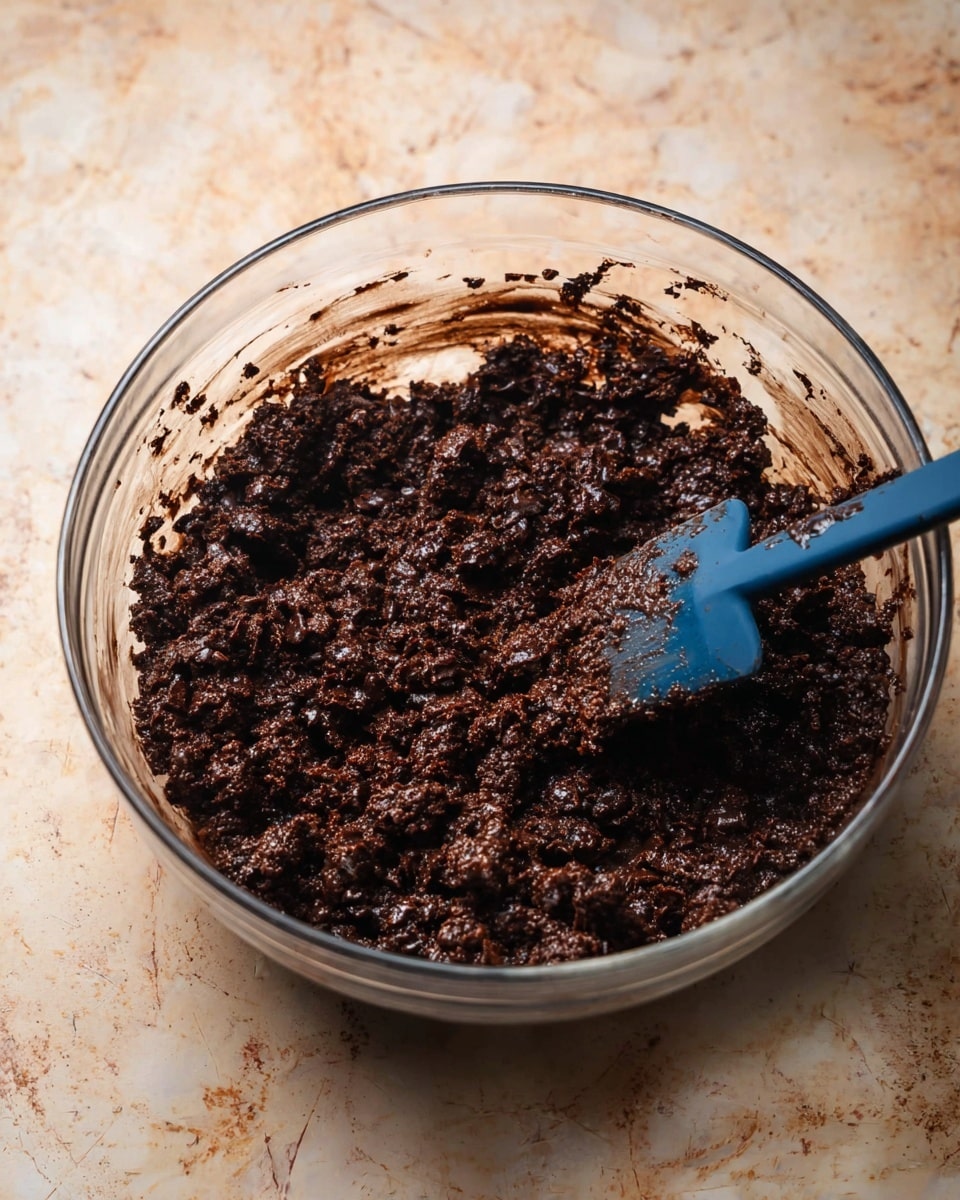 In a clear glass bowl, there is a thick, dark brown mixture with a rough texture, made up of many small chunks combined with chocolate. The mixture is being stirred with a blue spatula, which is partially covered in the sticky dark brown mixture. The bowl and spatula sit on a surface with a white marbled texture. Photo taken with an iphone --ar 4:5 --v 7