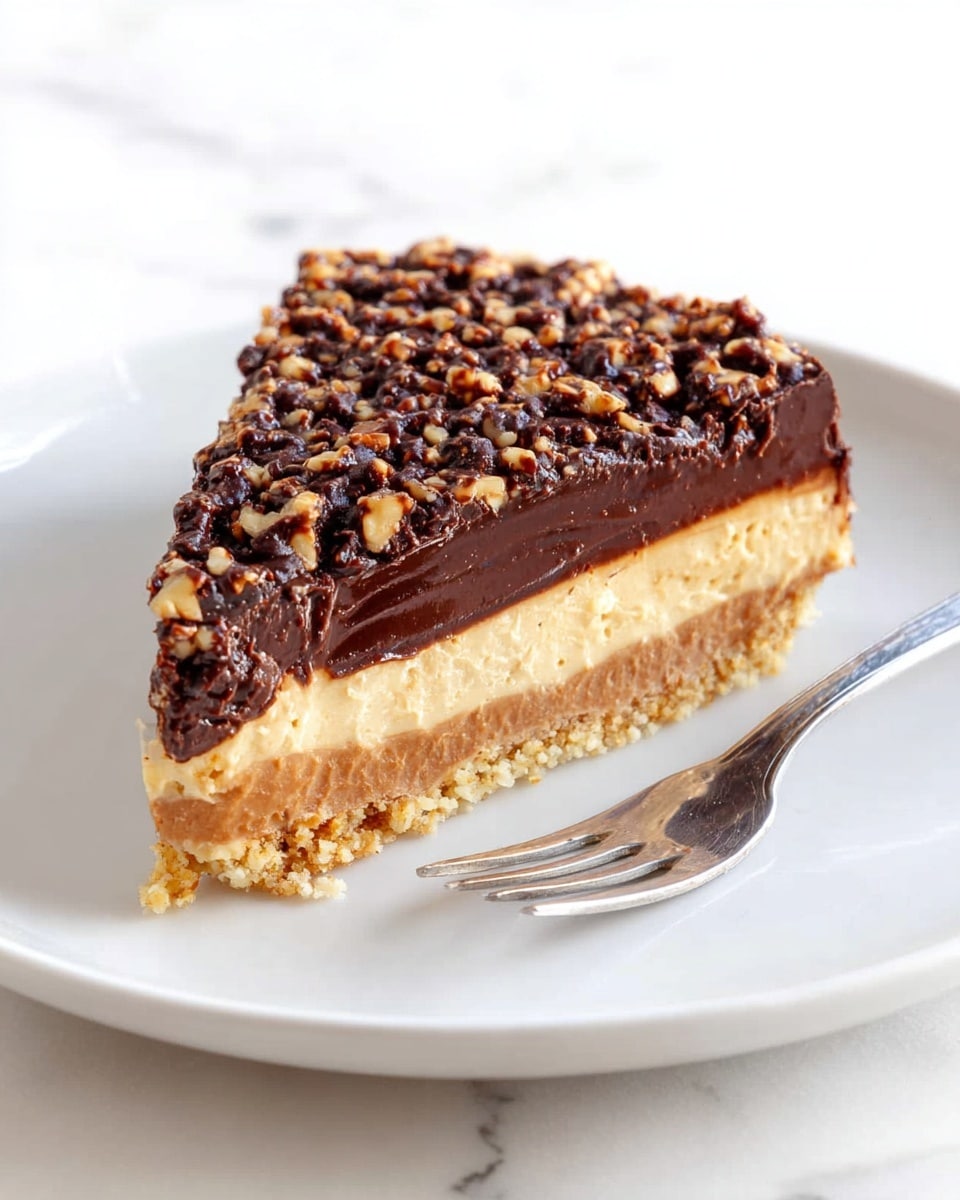 A slice of dessert is shown with three distinct layers on a white plate over a white marbled surface. The bottom layer is light tan and crumbly like a firm crust. The middle layer is creamy and smooth in a light brown color, looking thick and dense. The top layer is dark chocolate mixed with small crunchy bits, uneven and textured. A silver fork is placed on the plate next to the dessert. The photo taken with an iphone --ar 4:5 --v 7