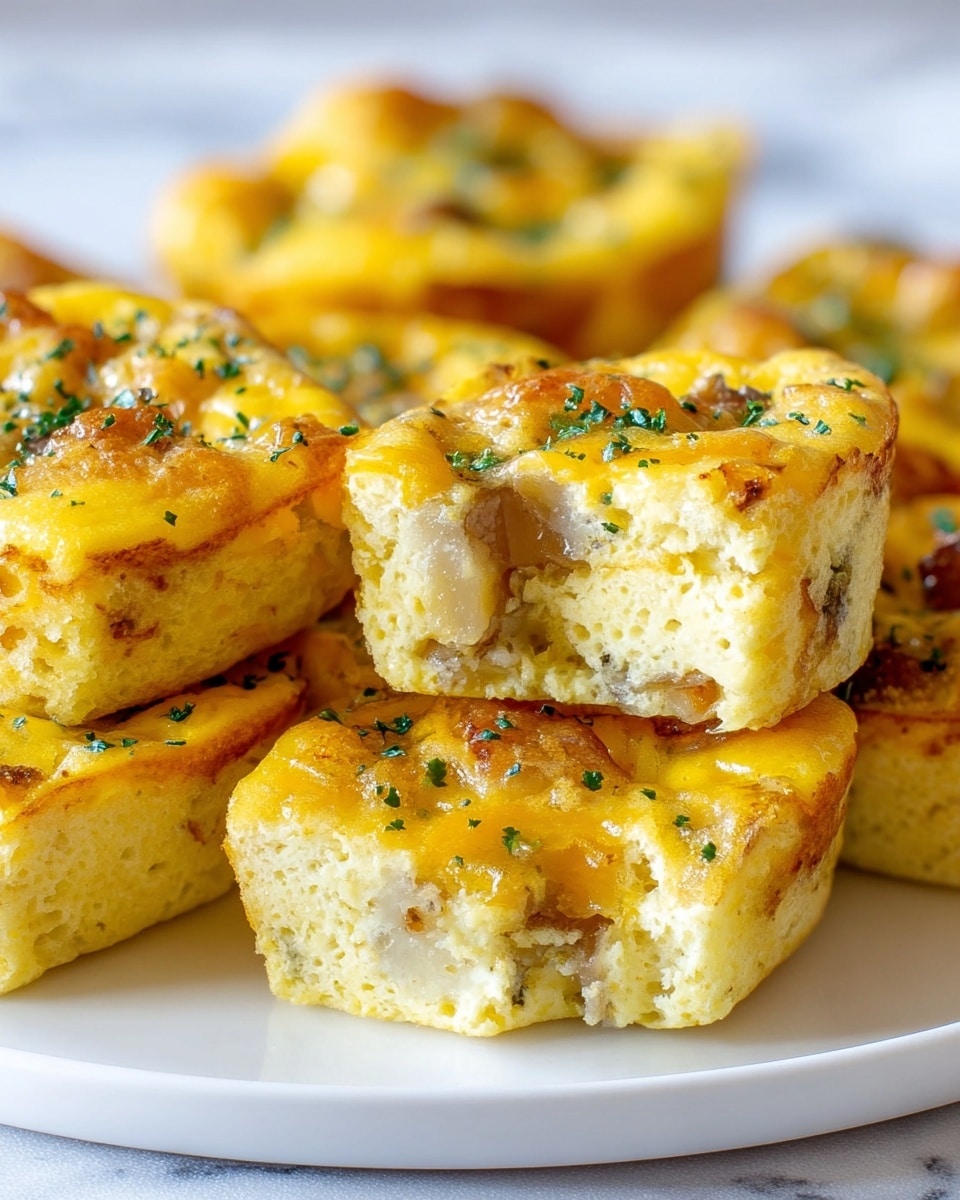 This image shows several square mini egg muffins on a white plate placed on a white marbled surface. Each mini muffin has two main layers: a light yellow fluffy egg base with visible air pockets and embedded pieces of cooked potato in a light brown shade, and a bright yellow top layer made of melted cheese sprinkled with small bits of green herbs. One mini muffin is stacked on top of another and has a bite taken out, revealing the soft texture inside and the potato pieces clearly. The muffins have a slightly browned edge from baking, adding a toasted look to the yellow and green toppings. photo taken with an iphone --ar 4:5 --v 7