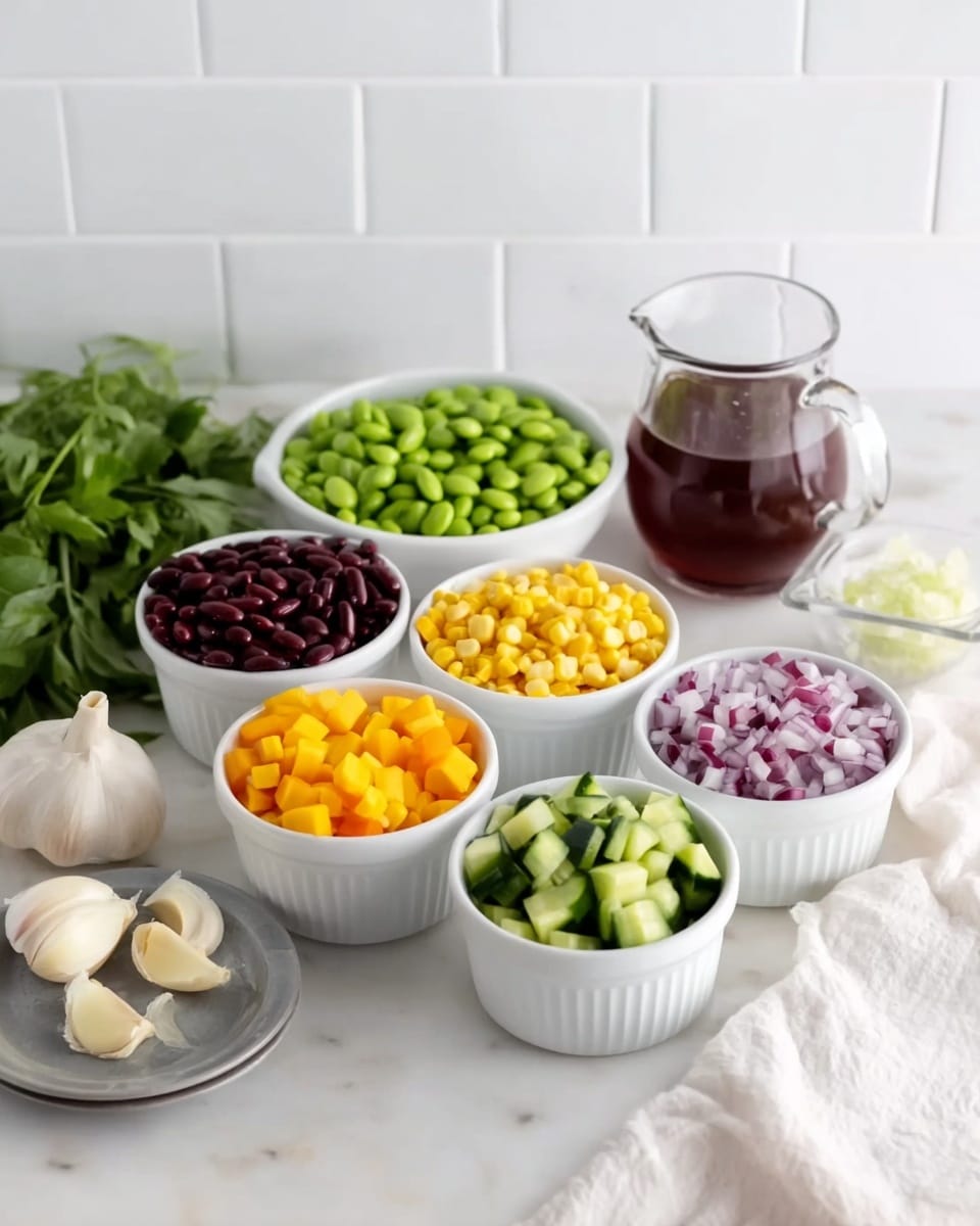 The image shows seven small white bowls filled with different colorful ingredients placed on a white marbled surface. In the back row, from left to right, there are bright green shelled edamame, dark red kidney beans, and a small glass pitcher with a dark reddish sauce. In the front row, from left to right, there are yellow corn kernels, orange diced mango, purple chopped onions, and green sliced cucumbers. On the left side of the surface, there are fresh green leafy herbs, two peeled garlic cloves on a small grey dish, and a white cloth napkin nearby. The background is a clean white tiled wall. Photo taken with an iphone --ar 4:5 --v 7