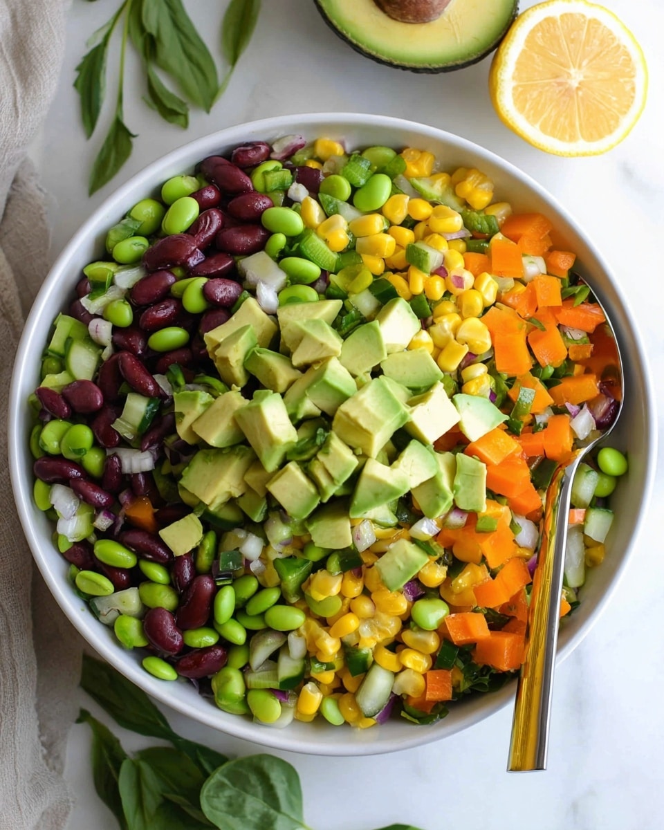A white bowl is filled with a colorful, fresh salad made of many chopped ingredients. The base layer has bright green edamame beans, yellow corn kernels, orange chunks of bell pepper, small pieces of dark red kidney beans, diced light green cucumber, and tiny bits of purple onion mixed together. On top, there is a pile of light green avocado cubes sitting in the center. A silver spoon with a gold handle rests on the edge of the bowl. The bowl is placed on a white marbled surface, with half a lemon and half an avocado in the background and some green leaves nearby. Photo taken with an iphone --ar 4:5 --v 7