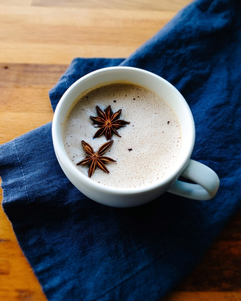 A white cup filled with a light beige frothy drink, topped with two dark brown star anise pieces floating on the surface. The cup is placed on a deep blue cloth, resting on a wooden table. The foam texture is smooth with tiny bubbles, creating a soft layer over the drink. photo taken with an iphone --ar 4:5 --v 7