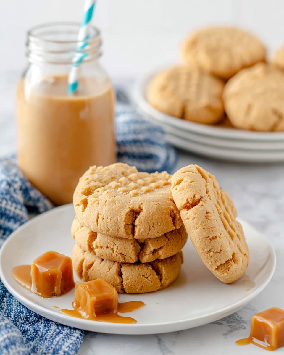 Simple Caramel Cookies Recipe 6 The image shows three thick, cracked peanut butter cookies stacked on a white plate, with one cookie leaning against the stack. The cookies have a light golden brown color and fork press marks on top, adding texture. Around the plate are small caramel candy pieces. Behind the plate, there is a clear glass jar filled with a light brown caramel sauce and a spoon inside. To the left, there is a glass milk bottle with a blue and white striped straw, sitting on a blue and white striped cloth. In the blurred background, a second white plate holds more cookies. The whole scene is on a white marbled surface. photo taken with an iphone --ar 4:5 --v 7