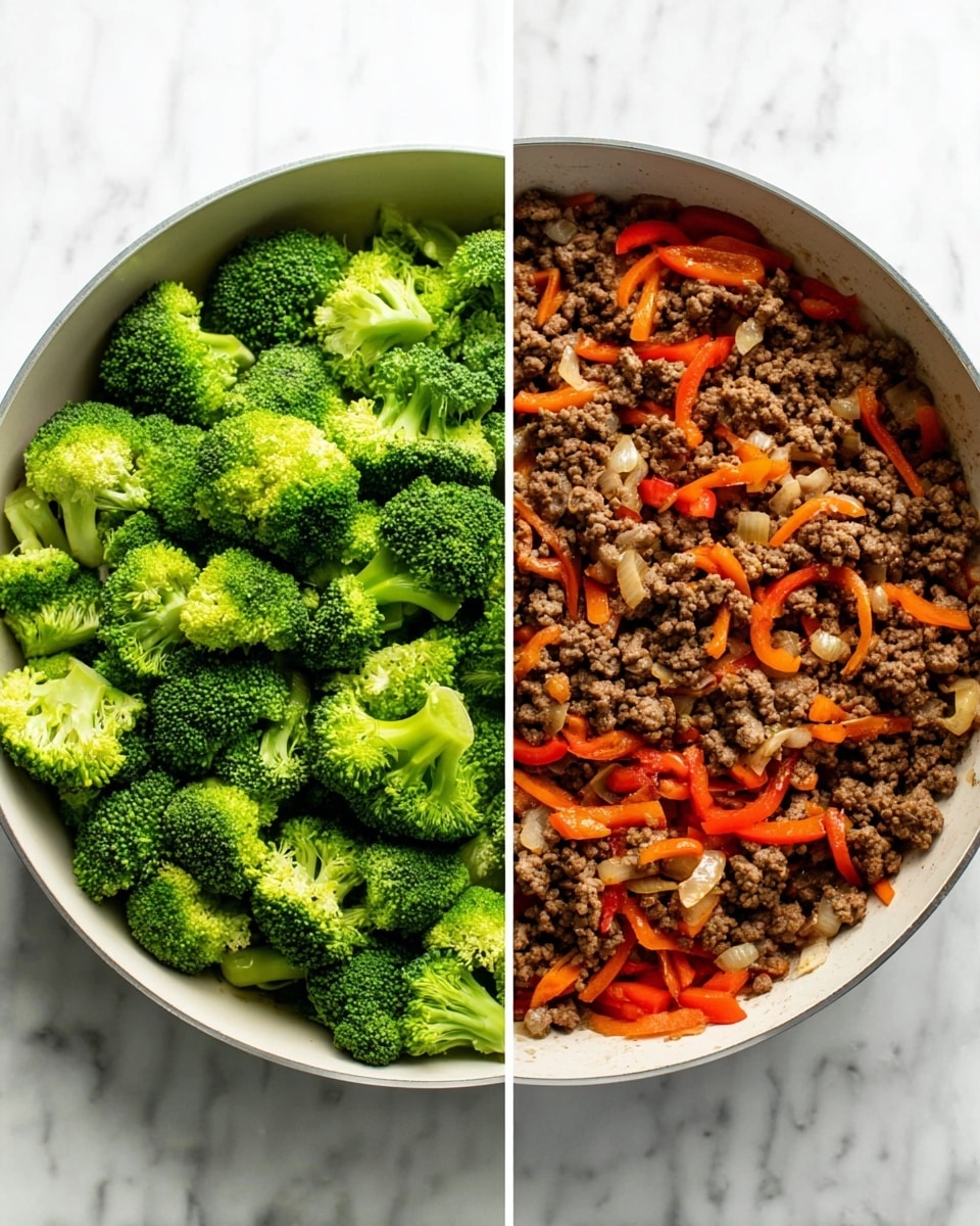 Two round white pans sit side by side on a white marbled surface. The left pan holds one layer of bright green broccoli florets spread out evenly, showing their rough, bumpy texture and fresh stalks. The right pan contains a ground meat mixture with one layer of cooked brown meat scattered with small bits of translucent cooked onion and thin strips of soft, bright orange-red bell pepper, all mixed together. The colors contrast well between the vivid green broccoli and the warm brown and orange mix in the other pan. Photo taken with an iphone --ar 4:5 --v 7
