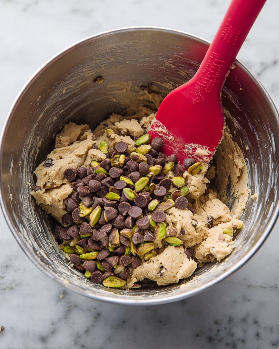 A metal bowl holds light brown cookie dough with a rough texture filling most of the bowl, topped with a mix of dark brown chocolate chips and greenish-yellow pistachio nuts scattered in the center. A red silicone spatula with dough on the edges is placed inside the bowl, leaning against its side. The bowl sits on a white marbled surface. photo taken with an iphone --ar 4:5 --v 7