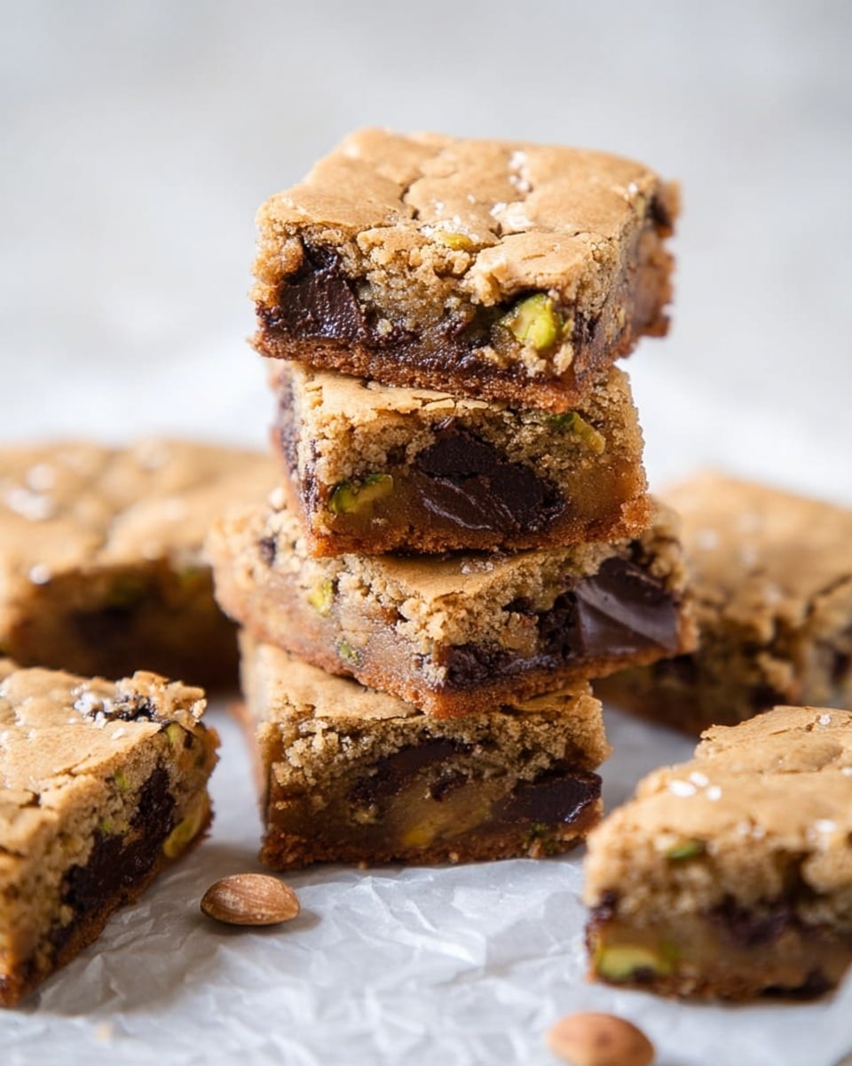 The image shows five square-shaped blondies stacked and placed on a white marbled surface with a sheet of parchment paper underneath. The blondies have a light golden brown top with a cracked texture, revealing a dense interior mixed with dark chocolate chunks and pieces of green pistachios inside. Three blondies are stacked in the center, and two are lying flat beside the stack, with one nut visible on the marbled surface nearby. The lighting is soft and natural, highlighting the chewy texture of the blondies. photo taken with an iphone --ar 4:5 --v 7