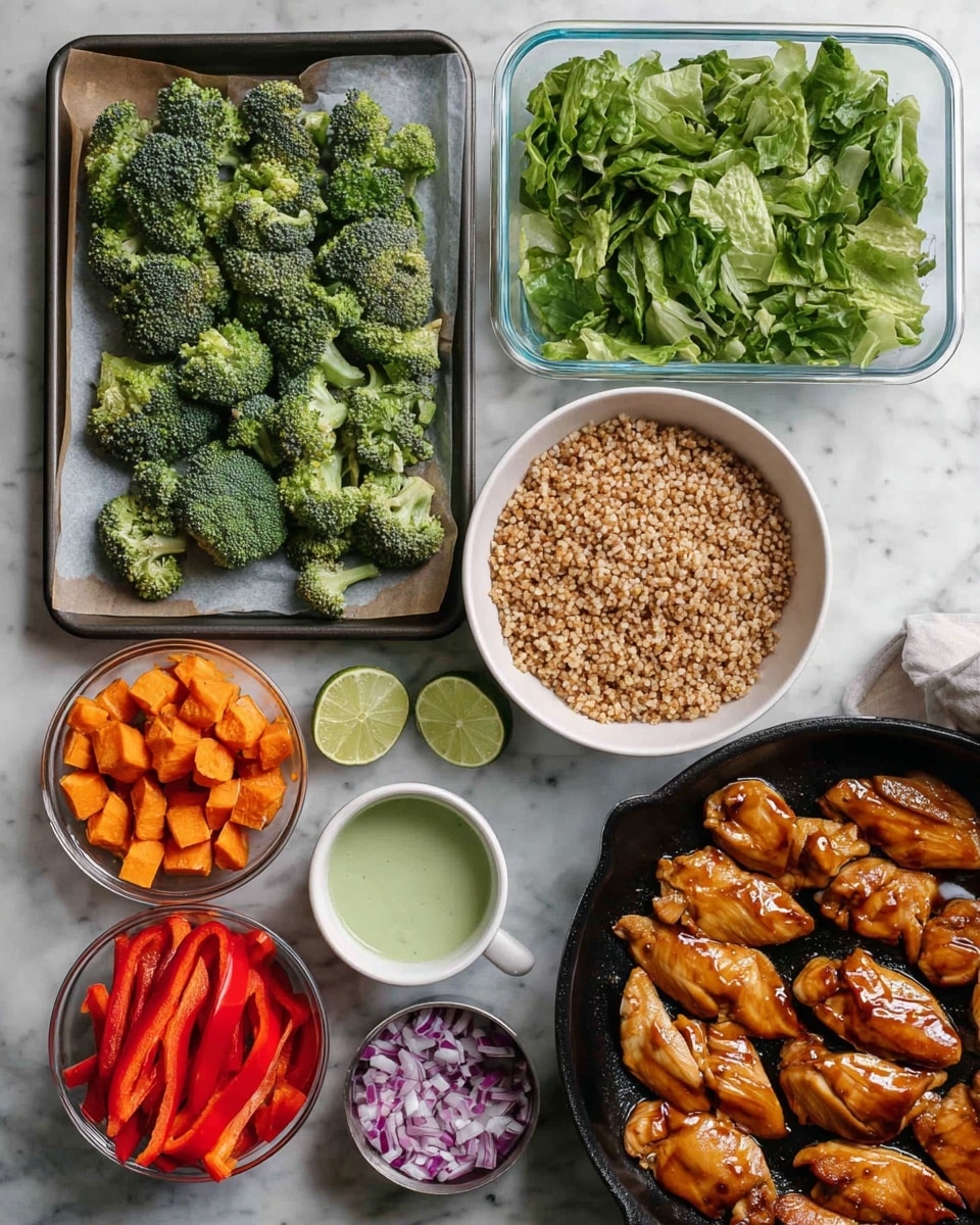 The image shows a variety of meal ingredients arranged on a white marbled surface. In the center right, a black pan holds about twenty pieces of shiny, brown-cooked chicken slices arranged in a slightly overlapping circular pattern. Below that, a white bowl is filled nearly to the top with light brown cooked grains. To the left of the bowl, a rectangular baking tray lined with parchment paper displays steamed broccoli florets on the left side and small orange sweet potato cubes on the right side, all spread out with some space between. Above the tray, a white bowl contains bright red sliced bell peppers positioned loosely inside. To the top right of the bell peppers, a clear rectangular container is packed with fresh green lettuce leaves covering the whole container evenly. Next to the lettuce, a small metal bowl holds finely chopped red onions. On the far left of the image, a white cup contains a pale green sauce with a creamy texture. Two halves of a squeezed lime sit close to the sauce, showing light green interiors. The dishes and ingredients are cleanly arranged for a fresh, natural look. Photo taken with an iphone --ar 4:5 --v 7