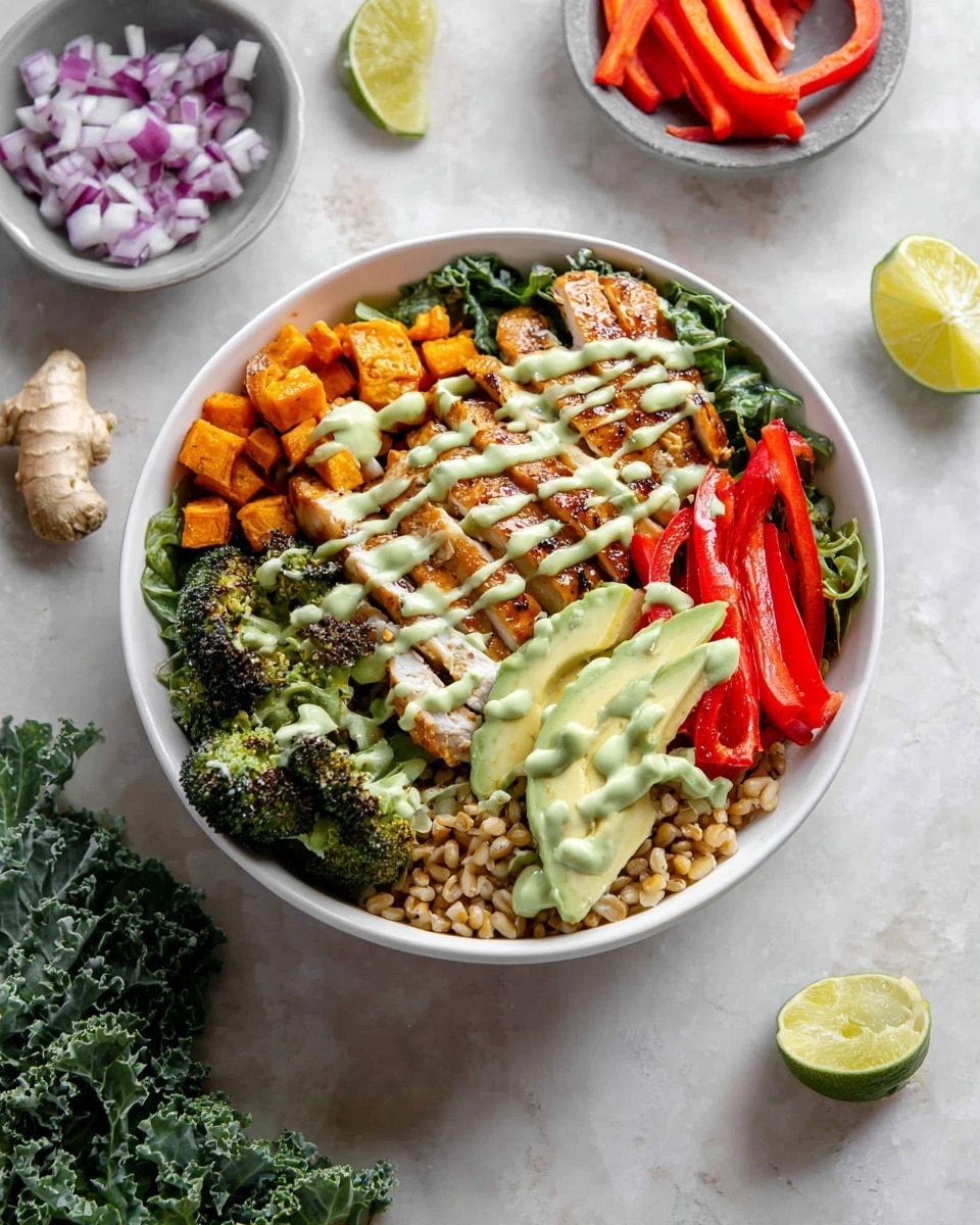 A white bowl filled with a colorful layered salad is placed on a white marbled surface. The bottom layer is green leafy vegetables, topped with bright orange cubed sweet potatoes on the left, green roasted broccoli at the bottom, golden brown grains or barley sprinkled around the edges. On the right, there are thin red bell pepper slices stacked neatly. In the middle, several slices of glazed light brown cooked chicken are placed, drizzled with a creamy light green sauce that is also spread over the vegetables. Sliced light yellow avocado is layered on the right side along with small diced red onions scattered on top of the dish. Around the bowl, there are red bell pepper strips, a whole piece of light brown fresh ginger, a gray bowl containing diced red onions, a squeezed lime half, and some green kale leaves. photo taken with an iphone --ar 4:5 --v 7