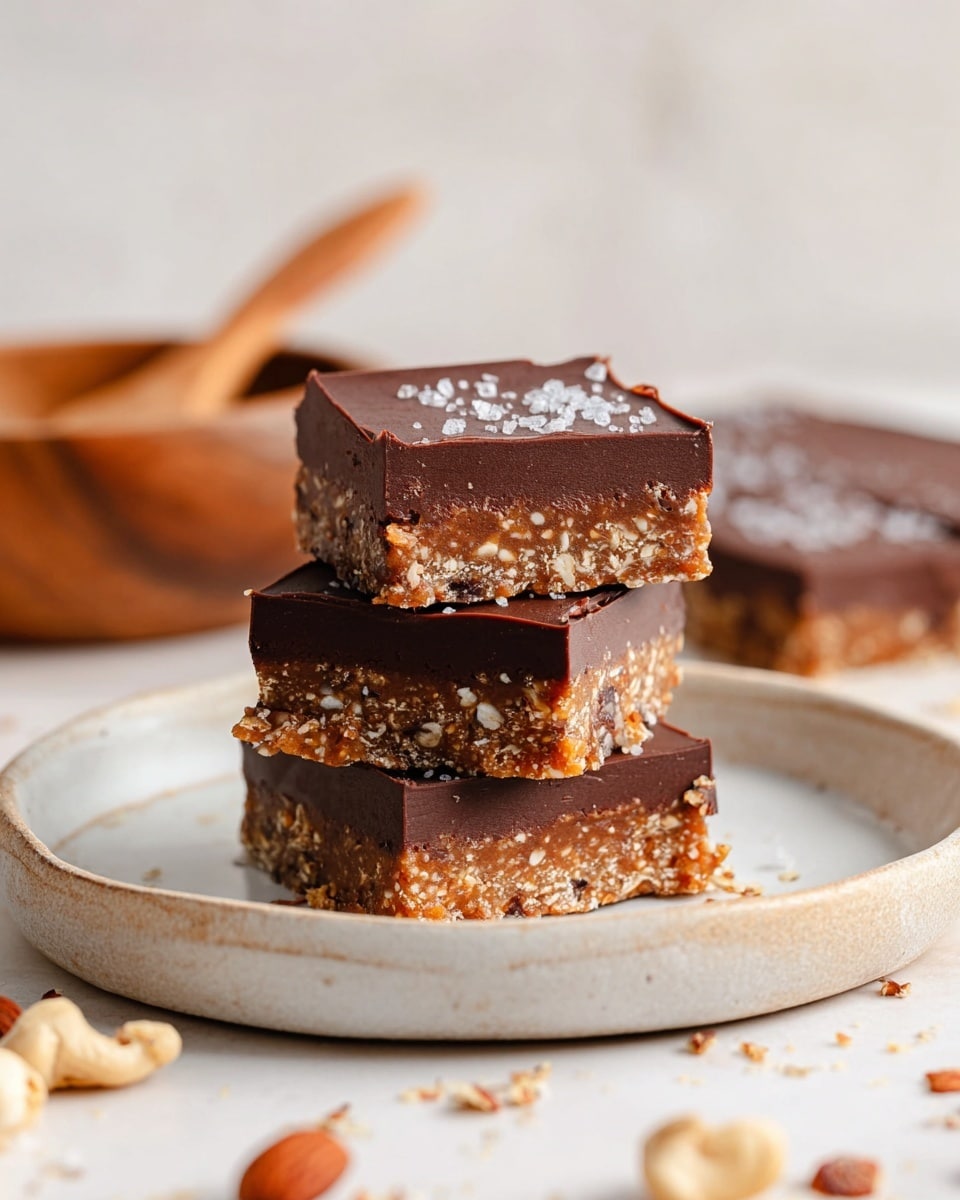 Three square bars are stacked on a white plate with a slightly rough texture. Each bar has two layers: the bottom layer is a light brown, mixed nut and date texture with visible bits of nuts and dried fruit, while the top layer is smooth, dark chocolate brown with a matte finish and a few flakes of sea salt on the surface. The background shows a blurred wooden bowl and spoon, all set on a white marbled surface. Some scattered nuts and bits of ingredients surround the plate. Photo taken with an iphone --ar 4:5 --v 7