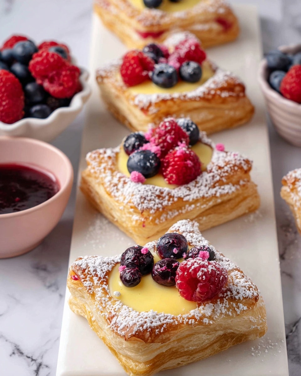 A white rectangular board holds several square pastries with three golden, flaky layers each. The top layer forms a raised border dusted with powdered sugar. Inside the border is a smooth, yellow custard, topped with fresh red raspberries and dark blue blueberries, lightly dusted with powdered sugar and tiny pink flakes. To the side, a white scalloped bowl holds more blueberries and raspberries, and a pink bowl contains a dark red sauce. The background is a white marbled texture. photo taken with an iphone --ar 4:5 --v 7