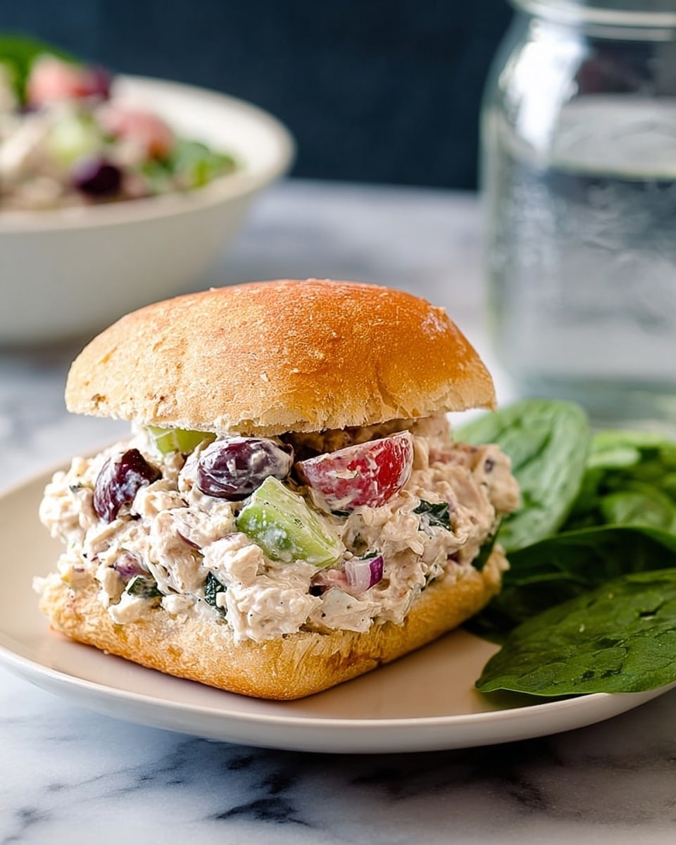 A square sandwich with a lightly toasted golden brown bun holds a thick layer of creamy chicken salad mixed with visible pieces of red grape tomatoes, dark olives, red onions, and green celery. The sandwich sits on a white plate with a few green leafy spinach leaves peeking from the side. In the blurred background, there is a white bowl with more salad and a glass jar with water on a dark surface. The whole scene is set on a white marbled texture photo taken with an iphone --ar 4:5 --v 7