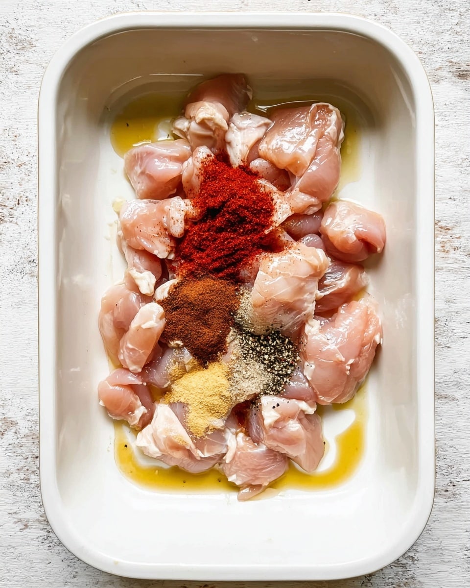 A white rectangular baking dish holds a single layer of raw, light pink chicken pieces spread out evenly. On top of the chicken, there are small piles of bright red paprika, black pepper, and light yellow garlic powder, along with a darker brown paste-like spice, all centered near the middle. A few drops of light yellow oil shine around the chicken pieces. The dish is set on a white marbled surface. Photo taken with an iphone --ar 4:5 --v 7