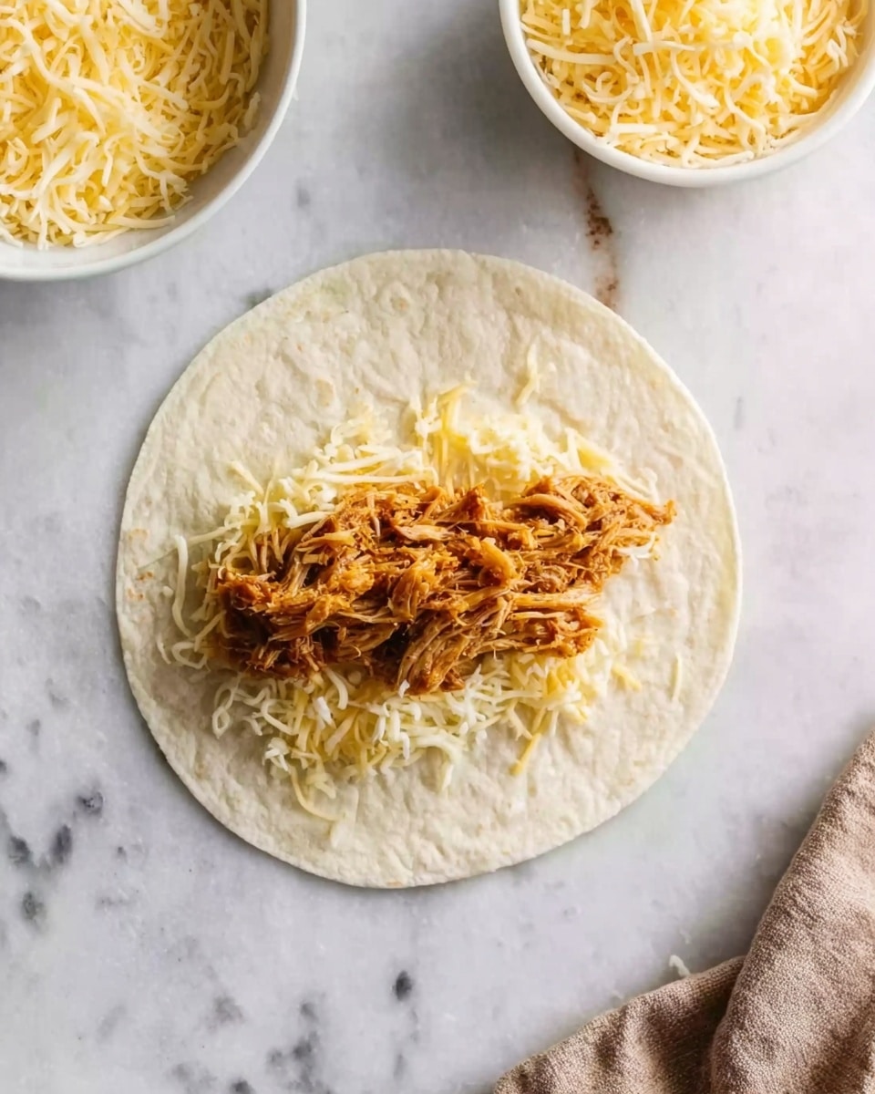 A soft round tortilla is laid flat on a white marbled surface with a small amount of shredded white and yellow cheese spread in the center. On top of the cheese, there is a layer of shredded cooked meat with a golden-brown color, piled neatly in the middle. Above the tortilla and in the corner, a white bowl filled with more shredded cheese can be seen. A light brown cloth is partially visible in the lower right corner. photo taken with an iphone --ar 4:5 --v 7