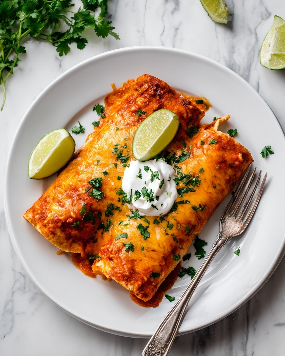 On the white plate, there are two rolled enchiladas stacked side by side, covered with a bright orange cheese sauce that has melted and mixed with some green herbs sprinkled on top. A white dollop of sour cream sits on the middle enchilada with a green lime wedge leaning against it. Some chopped green cilantro pieces are scattered around the enchiladas on the plate. To the right of the plate is a silver fork laying parallel to the enchiladas. The entire setting is placed on a white marbled surface with some lime wedges and fresh cilantro leaves nearby. photo taken with an iphone --ar 4:5 --v 7