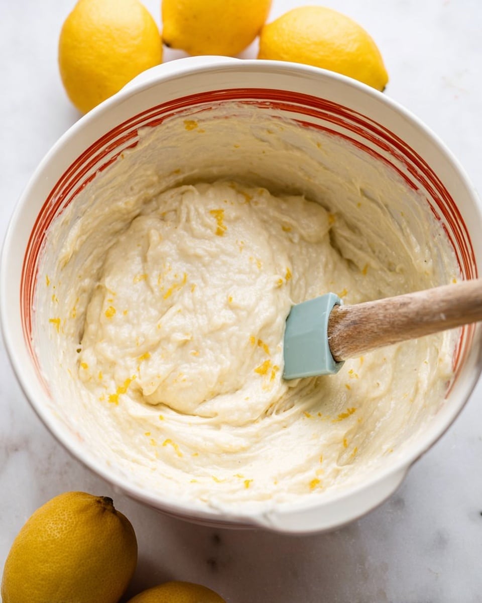 A white mixing bowl with red stripes around its outside holds a thick, creamy batter that has little yellow specks scattered throughout, suggesting lemon zest mixed in. A wooden-handled spatula with a light blue silicone tip is partially submerged in the batter, resting inside the bowl. The bowl is placed on a white marbled surface, and three bright yellow lemons are placed nearby around the bowl. The texture of the batter looks soft and smooth with small lumps, filling most of the bowl. Photo taken with an iphone --ar 4:5 --v 7