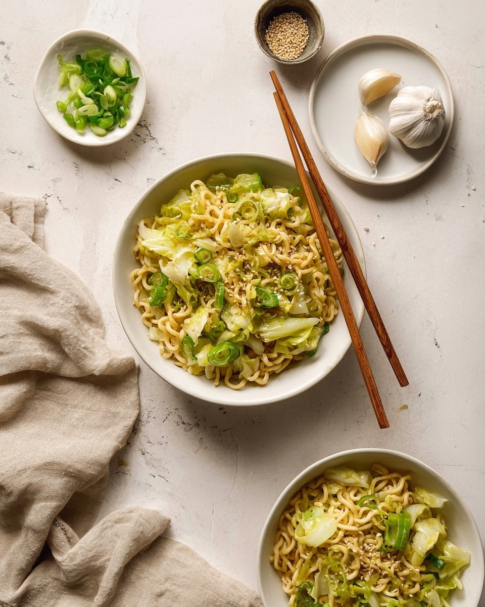 Two white bowls filled with cooked curly yellow noodles mixed with light green cabbage and green onion pieces are placed on a white marbled surface. One bowl is centered with a pair of wooden chopsticks resting on its edge, while the second bowl is partially visible at the bottom right. Above the bowls, there is a small white plate with light green chopped scallions and a small cup of sesame seeds, and another white plate with three garlic cloves, one whole garlic bulb beside it. A crumpled beige cloth is near the bottom left. The scene has soft natural light, enhancing the fresh colors of the ingredients. photo taken with an iphone --ar 4:5 --v 7