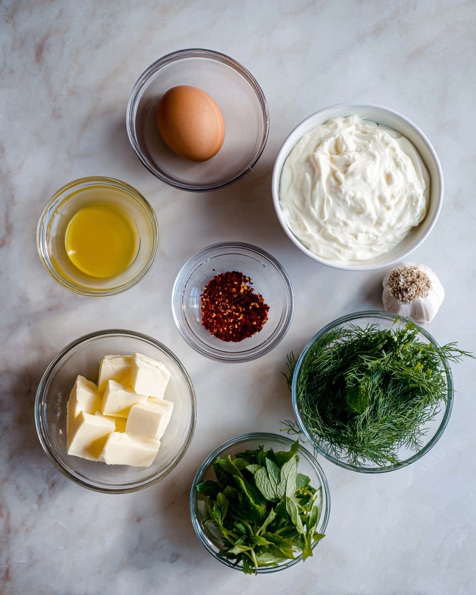 The image shows seven small bowls and one garlic clove arranged on a white marbled surface. In the top right, there is one bowl with thick white cream. To the left of it, a clear bowl holds two brown eggs. Below the eggs is a bowl with light yellow liquid. Next to it, there is a white bowl with red spices, including chili flakes. At the bottom left is a clear bowl filled with sliced butter. To the right of the garlic clove, there is a clear bowl of fresh green herbs like mint and dill. The overall scene looks clean and organized with natural light. Photo taken with an iphone --ar 4:5 --v 7