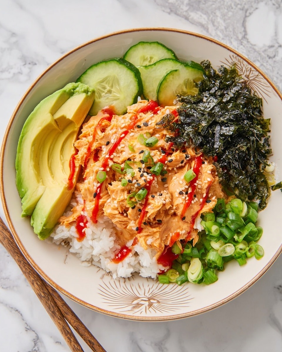 The dish is served in a white bowl with a light brown rim and a delicate leaf pattern inside. At the bottom, there is a layer of white rice with a soft, fluffy texture. On one side, thin slices of creamy avocado fan out neatly, showing their pale green color. Next to the avocado, there are bright green chopped scallions. Above these, two sliced cucumber pieces with a fresh green skin and a juicy, textured inside rest on the rice. Near the center, shredded orange chicken mixed with a creamy sauce sits in a generous portion, drizzled with red sauce in thin lines. Scattered on top around the center are dark green seaweed flakes mixed with toasted sesame seeds, adding texture and color contrast. The bowl is placed on a white marbled surface, and a pair of wooden chopsticks is positioned diagonally along the side. Photo taken with an iphone --ar 4:5 --v 7
