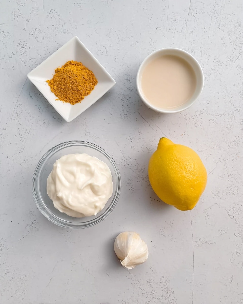The image shows five separate kitchen items arranged on a white marbled surface. There is a transparent glass bowl at the bottom containing a dollop of smooth white cream. To the right of it is a whole bright yellow lemon. Above the lemon is a small white bowl filled with a pale beige liquid. To the left in the upper corner is a small white square dish holding a pile of yellowish orange powder. In the center, between the bowls and the lemon, lies a single white clove of garlic. The photo was taken with an iphone --ar 4:5 --v 7