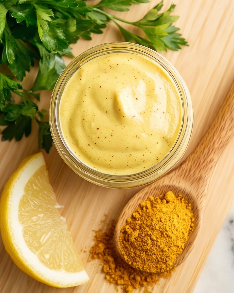 A top view of a glass jar filled with a smooth, creamy yellow sauce with tiny specks of spice throughout. Next to the jar is a yellow lemon wedge on a light wooden surface, with bright green parsley leaves partly visible in the background. On the right side, a wooden spoon holds a pile of ground yellow curry powder that slightly spills onto the wood. The scene has a fresh and bright look on a white marbled texture background. photo taken with an iphone --ar 4:5 --v 7