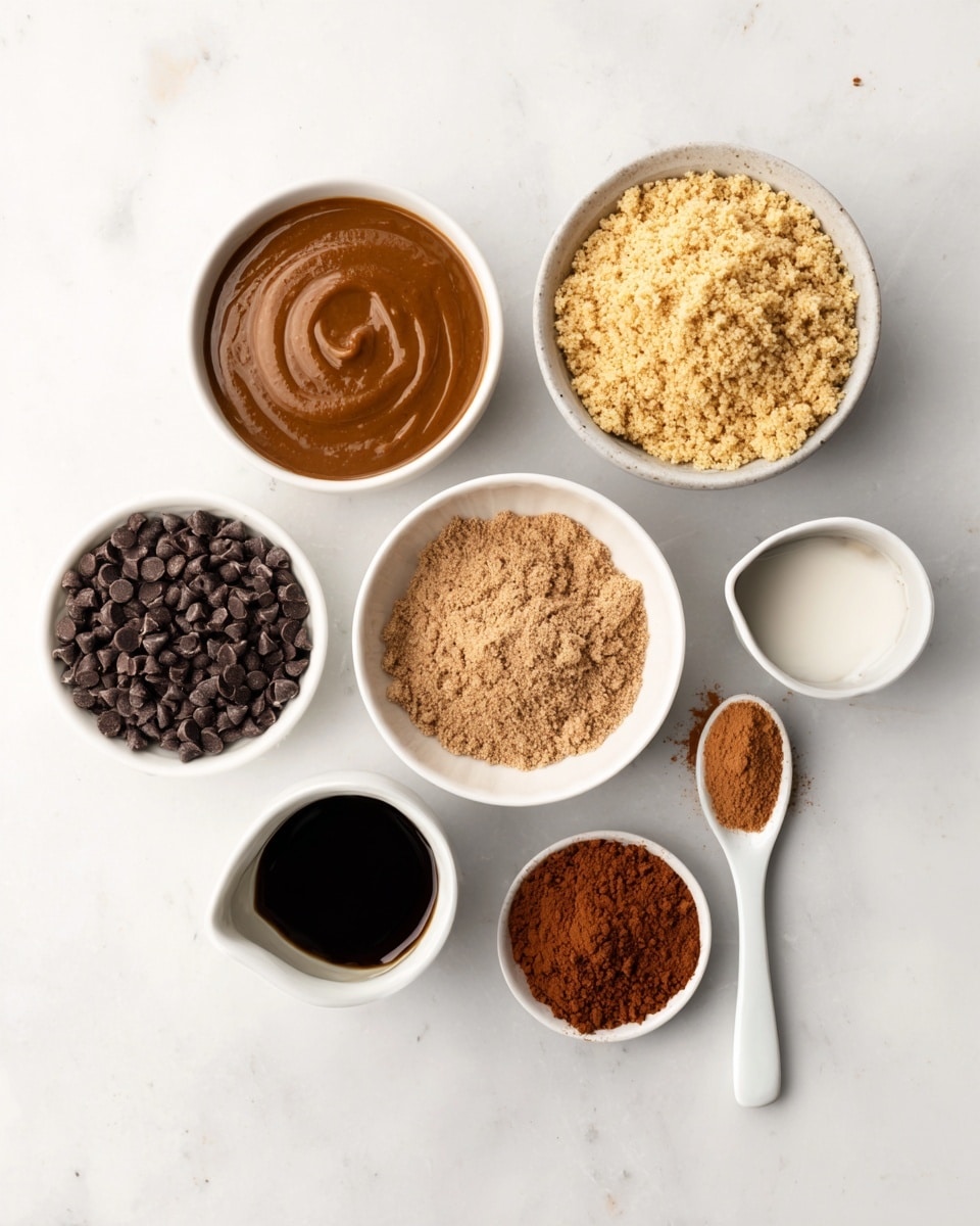 The image shows seven small white bowls and a small white spoon with various ingredients arranged on a white marbled surface. Starting from the top left, there is a bowl with a smooth, thick brown sauce. Next to it on the right, a bowl filled with a pale yellowish crumbly powder. Below these, at the center, a bowl with a light brown coarse powder. To the left of this bowl, there is a bowl filled with small, dark brown chocolate chips. Below that, a bowl with dark brown syrup. To the right side of the bowl of powder, there is a small white pitcher holding a dark liquid. Lastly, a small white spoon on the right holds a fine light brown powder, and below the spoon is a bowl filled with a fine reddish-brown powder. The arrangement is neat and balanced on the white marbled surface photo taken with an iphone --ar 4:5 --v 7