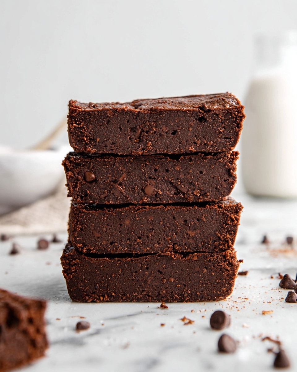 A stack of four thick, dark brown brownies sits on a white marbled surface, each brownie showing a dense, slightly crumbly texture with visible small chocolate chips embedded throughout. The edges are firm, and the top surface of each brownie is smooth with a rich chocolate tone. Around the stack on the white marbled surface are scattered chocolate chips and small crumbs, adding a casual feel to the scene. In the background, slightly blurred, there is a white bowl and a white bottle, keeping the focus on the brownies. photo taken with an iphone --ar 4:5 --v 7