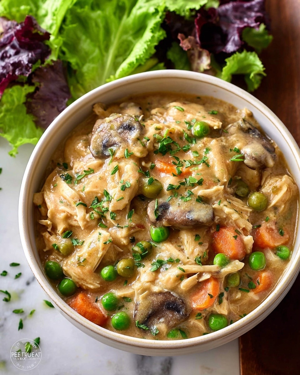 A bowl filled with a thick stew showing several layers: the bottom layer has a creamy beige sauce, mixed with tender pieces of light brown shredded chicken, bright green peas, small orange carrot slices, and dark brown mushroom slices. The surface is sprinkled with chopped green herbs. The bowl is white, and behind it there is a small bunch of fresh green and purple lettuce leaves on a white marbled surface. photo taken with an iphone --ar 4:5 --v 7