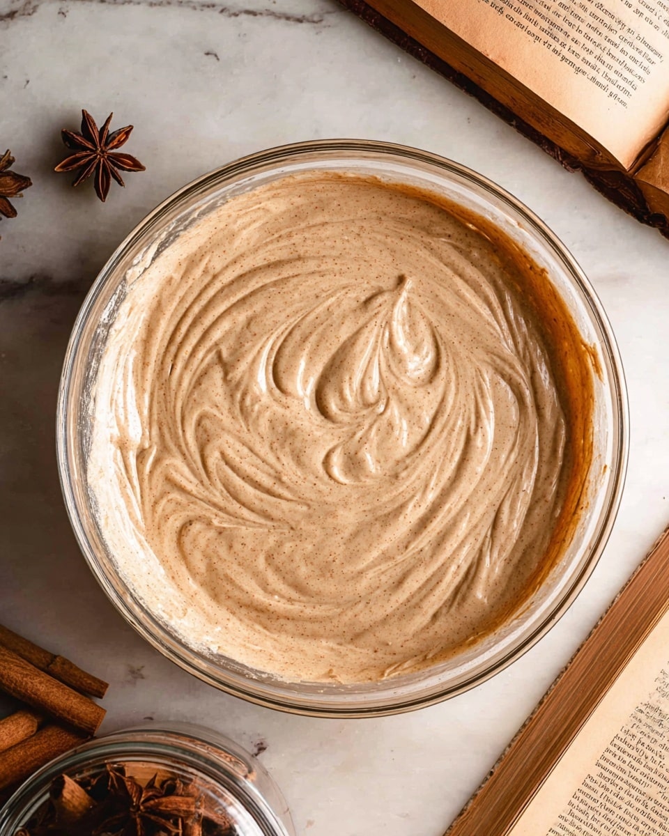 A clear glass bowl filled with a creamy light brown batter showing smooth swirling patterns on the surface, placed on a white marbled texture. Around the bowl, there are visible elements like star anise near the left corner, a small glass jar filled with cinnamon sticks at the bottom, and part of an open book with text on the right side. The overall scene has a warm, rustic feel with the white marbled texture contrasting with the soft batter colors photo taken with an iphone --ar 4:5 --v 7