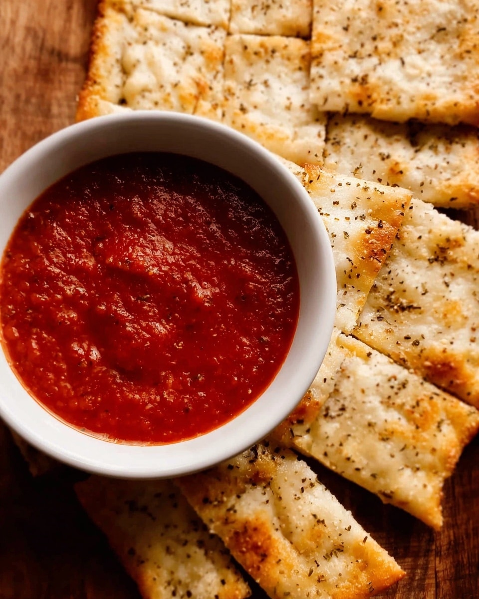 The image shows a white round bowl filled with thick, bright red tomato sauce sitting on a wooden surface. Surrounding the bowl are several square pieces of flatbread with a golden brown top, speckled with black pepper and herbs, and a slightly crisp texture. The flatbread is arranged closely around the bowl, filling most of the frame with a rustic look. The background has been changed to a white marbled texture. photo taken with an iphone --ar 4:5 --v 7