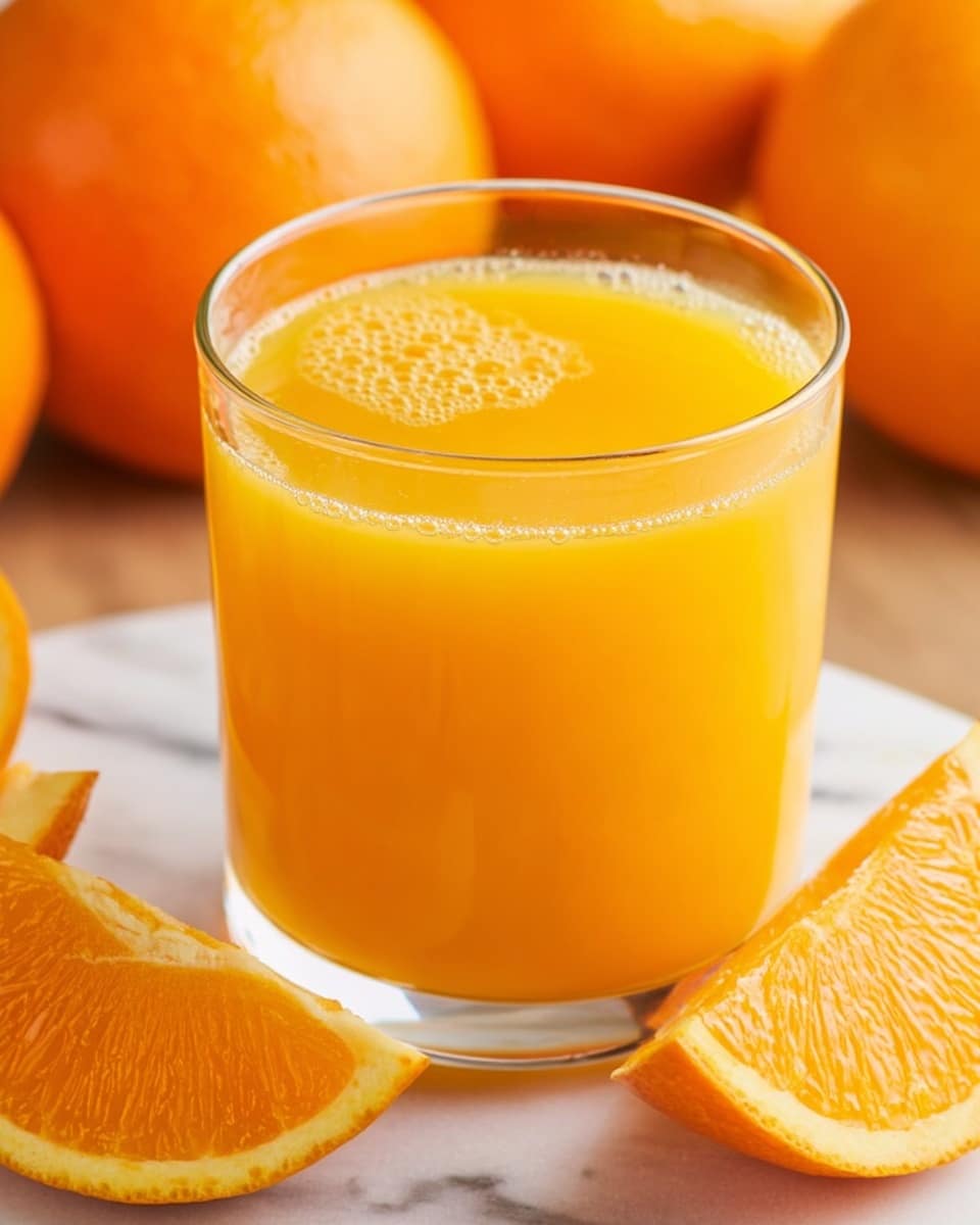 A clear glass filled with bright orange juice sits in the center on a white marbled surface. Around the glass are whole ripe oranges and several orange slices showing their juicy, textured insides. The orange juice fills the glass almost to the rim, showing a smooth, slightly foamy surface with small bubbles. The background shows blurred parts of whole oranges enhancing the fresh look. Photo taken with an iphone --ar 4:5 --v 7