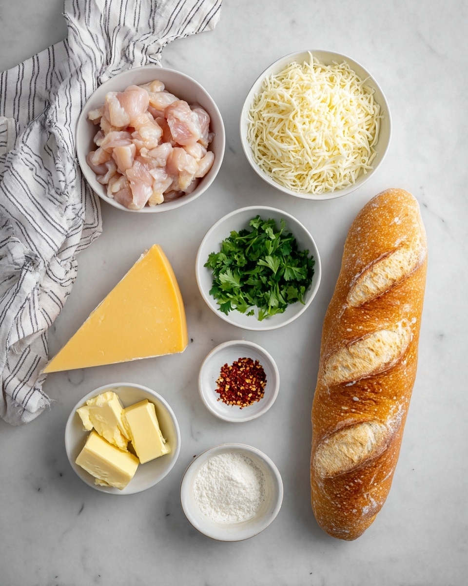The image shows several ingredients on a white marbled surface, arranged neatly. From top to bottom and left to right, there is a white bowl filled with small, pale pink raw chicken pieces; beside it is a white bowl full of shredded white cheese. Below the chicken, there is a small white bowl with fresh green parsley leaves. Next to the parsley, there is a small bowl containing grated pale yellow garlic. Below that is a white bowl holding three thick yellow butter sticks. To the left of the butter, there is a large triangular wedge of hard yellow cheese with a smooth surface. Below the cheese, there are two small dishes, one with white flour and the other with red chili flakes. On the right side of the image, a large loaf of golden brown crusty bread with three diagonal cuts on top lies on the surface. A white cloth with black stripes is partially visible on the top left corner of the white marbled surface. Photo taken with an iphone --ar 4:5 --v 7