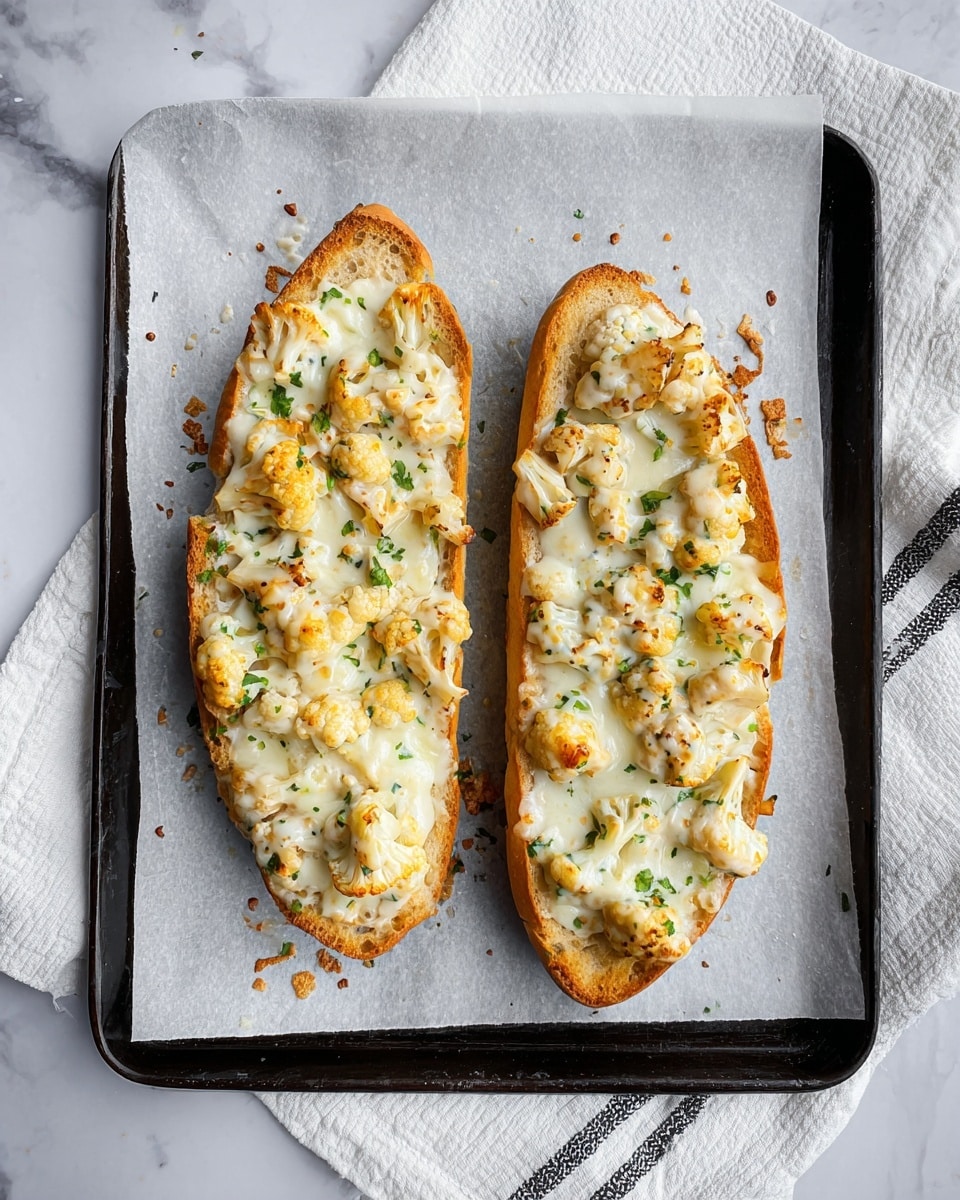 Two toasted baguette halves lay on white parchment paper on a black baking tray. Each half is topped with a generous layer of creamy white sauce mixed with small pieces of light golden cauliflower and green herbs, covered by a layer of melted, slightly browned cheese. The cheese is bubbly and golden in spots, giving a warm, inviting texture. The tray rests on a white marbled surface with a white cloth napkin with black stripes folded nearby. photo taken with an iphone --ar 4:5 --v 7