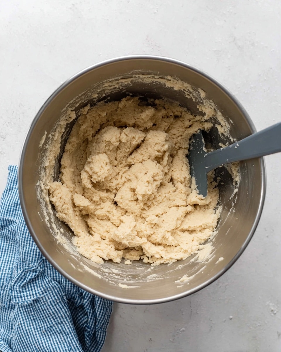 A top view of a large silver mixing bowl filled with thick, light beige dough with a grainy texture. A dark gray spatula rests inside the dough on the right side of the bowl. The bowl sits on a white marbled surface, with a blue and white checkered cloth partially visible at the bottom left corner. The dough looks soft and sticky, evenly mixed with no separate layers. Photo taken with an iphone --ar 4:5 --v 7