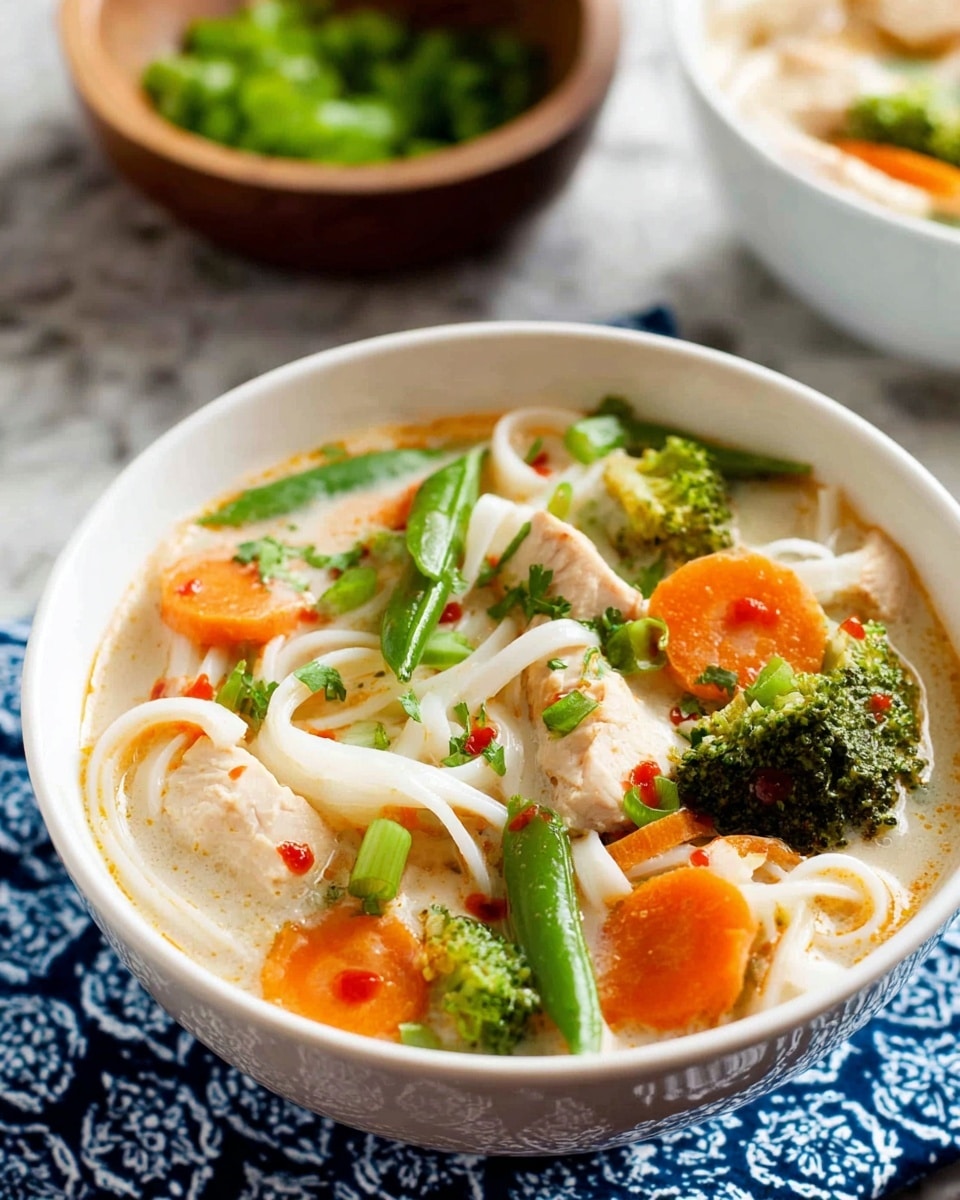 A white bowl filled with a light creamy broth holding several layers: at the bottom are white noodles, above them are large chunks of light beige chicken, bright orange carrot slices, vivid green broccoli pieces, and crisp green sugar snap peas. Fresh chopped green onions and small flecks of red sauce are sprinkled on top, adding color contrast. The white bowl sits on a blue and white patterned cloth, with a blurred wooden bowl of chopped green onions in the background on a white marbled surface. photo taken with an iphone --ar 4:5 --v 7