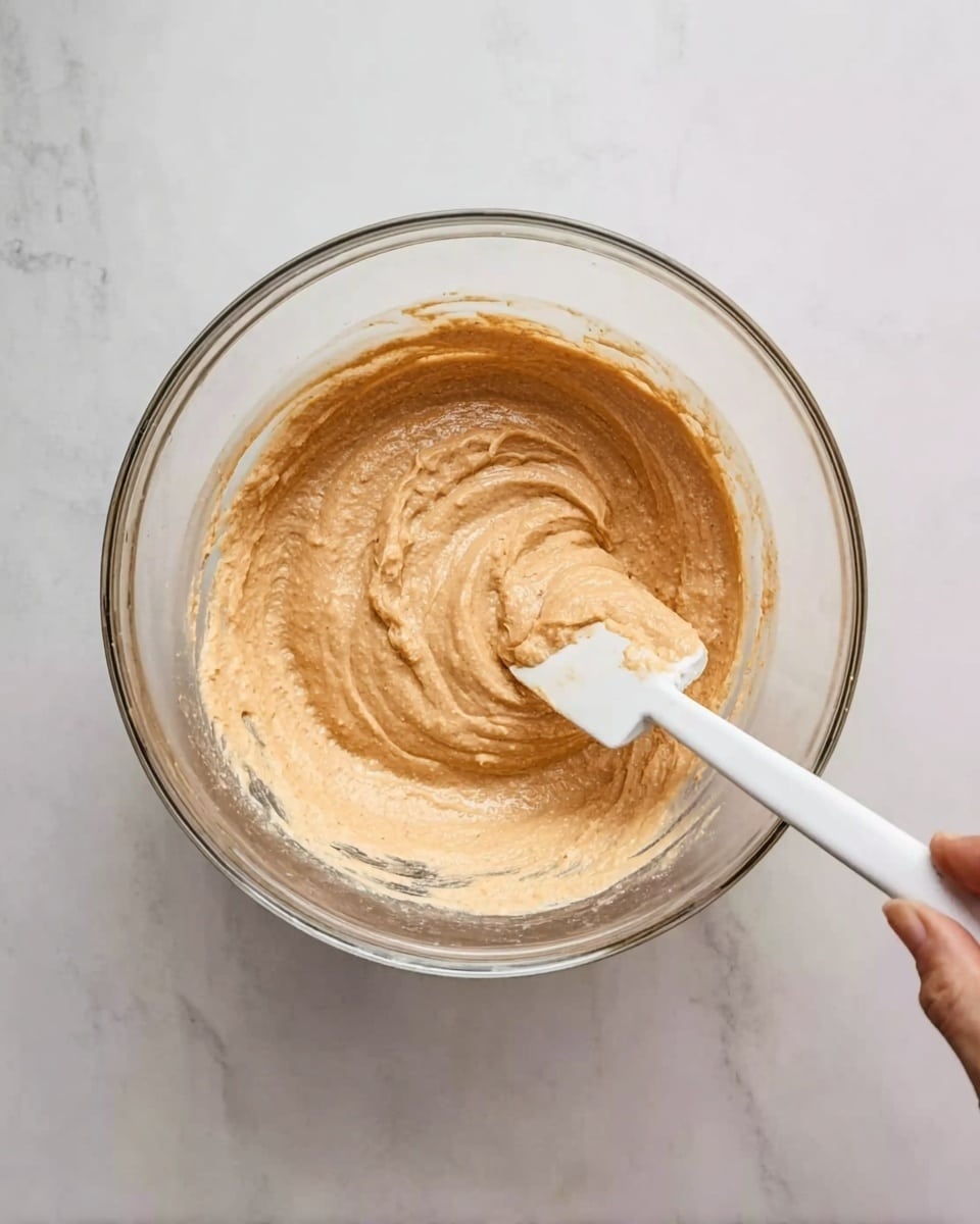 A clear glass mixing bowl sits on a white marbled surface, filled with a thick, creamy mixture that is light brown and smooth with a slightly textured surface. A white spatula with a small amount of the mixture on its edge is resting inside the bowl, held by a woman's hand. The bowl is round and transparent, showing the even layer of the mixture inside. Photo taken with an iphone --ar 4:5 --v 7
