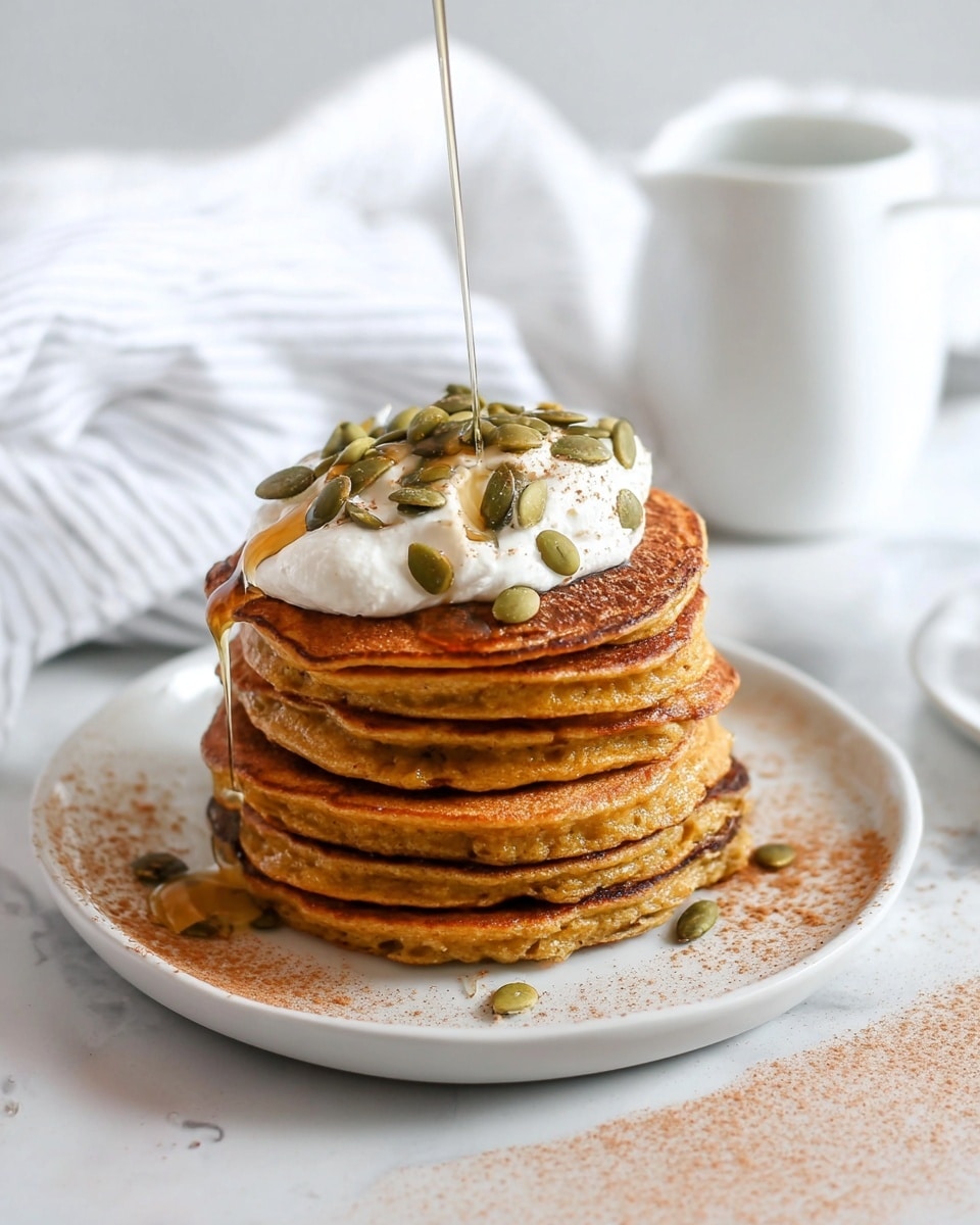 A stack of seven golden brown pancakes with slightly crispy edges sits in the center of a white plate. On top of the pancakes is a dollop of white whipped cream, sprinkled with green pumpkin seeds and a light dusting of cinnamon powder on and around the plate. Golden syrup is being poured over the cream, dripping down the sides of the pancakes. The plate rests on a white marbled surface, with a white striped cloth and a small white pitcher in the soft focus background. Photo taken with an iphone --ar 4:5 --v 7