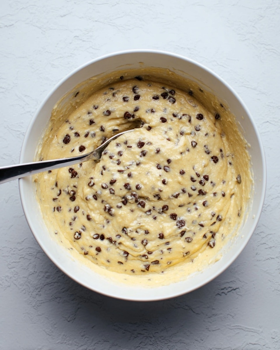 A white bowl filled with creamy, light yellow batter mixed with many small dark chocolate chips spread throughout, creating a speckled texture. A shiny metal spoon rests inside the batter near the edge of the bowl, with some batter clinging to it. The bowl is placed on a white marbled textured surface. photo taken with an iphone --ar 4:5 --v 7
