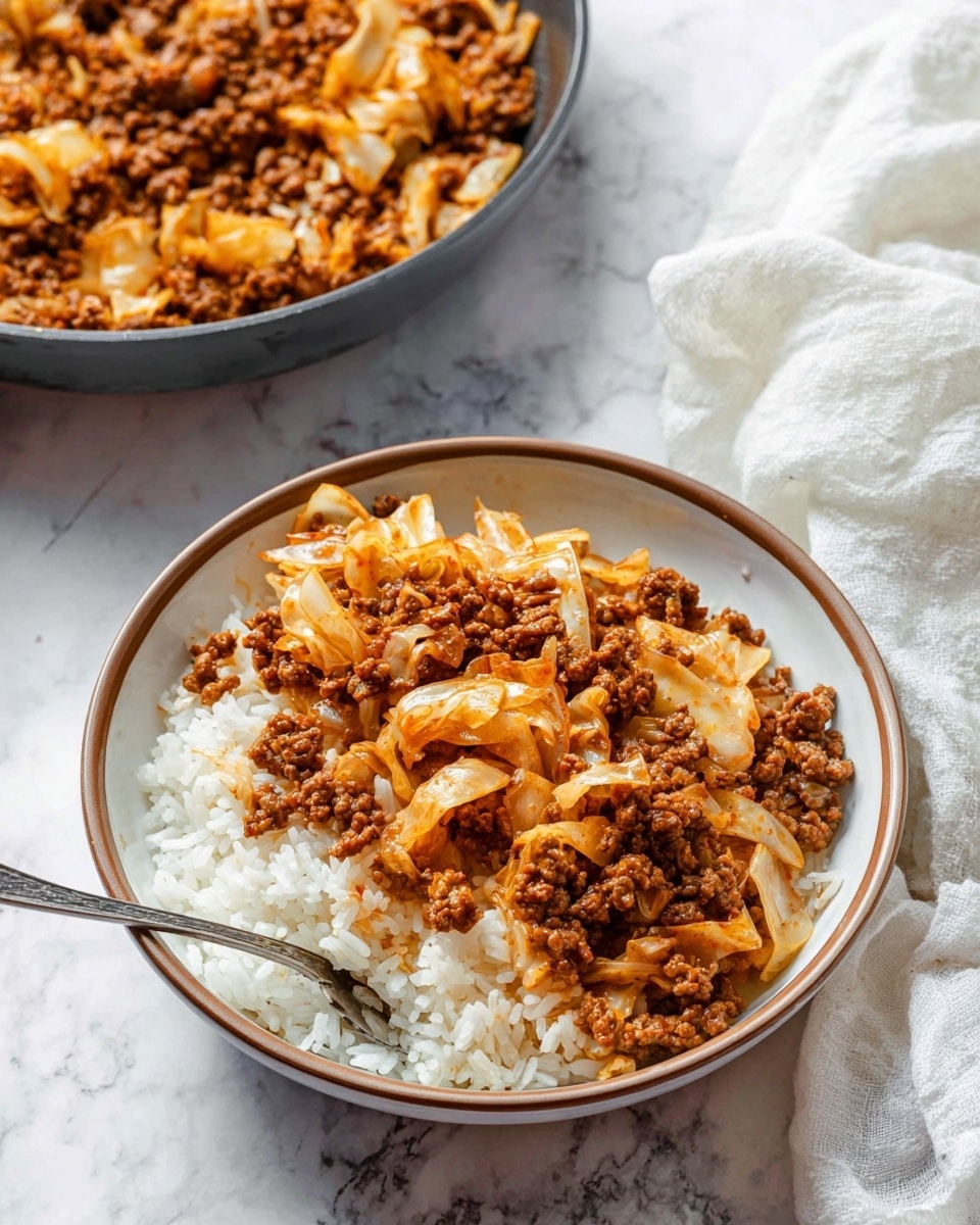 A bowl shows two layers: the bottom layer is fluffy white rice with a soft, grainy texture, and the top layer is a cooked mixture of ground meat and cabbage, colored light brown with some darker brown bits, scattered evenly across the rice. The cabbage pieces are light tan with a slight shine, and the ground meat looks crumbly and juicy. The bowl is white with a thin brown rim, and a silver fork rests inside on the left side. Behind the bowl, there is a dark pan filled with more of the meat and cabbage mix. The background is a clean white marbled surface, and a white cloth is softly draped to the right. Photo taken with an iphone --ar 4:5 --v 7