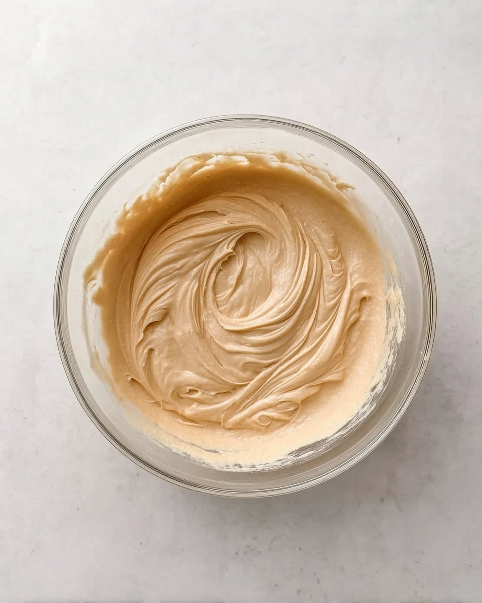 A clear glass bowl sits on a white marbled surface, filled with a smooth, creamy beige mixture that has been swirled gently to create soft, flowing patterns on the surface. The texture looks thick and airy, with subtle ridges and peaks showing the motion of mixing. The bowl is viewed from above, highlighting the even, swirled design of the mixture inside. photo taken with an iphone --ar 4:5 --v 7