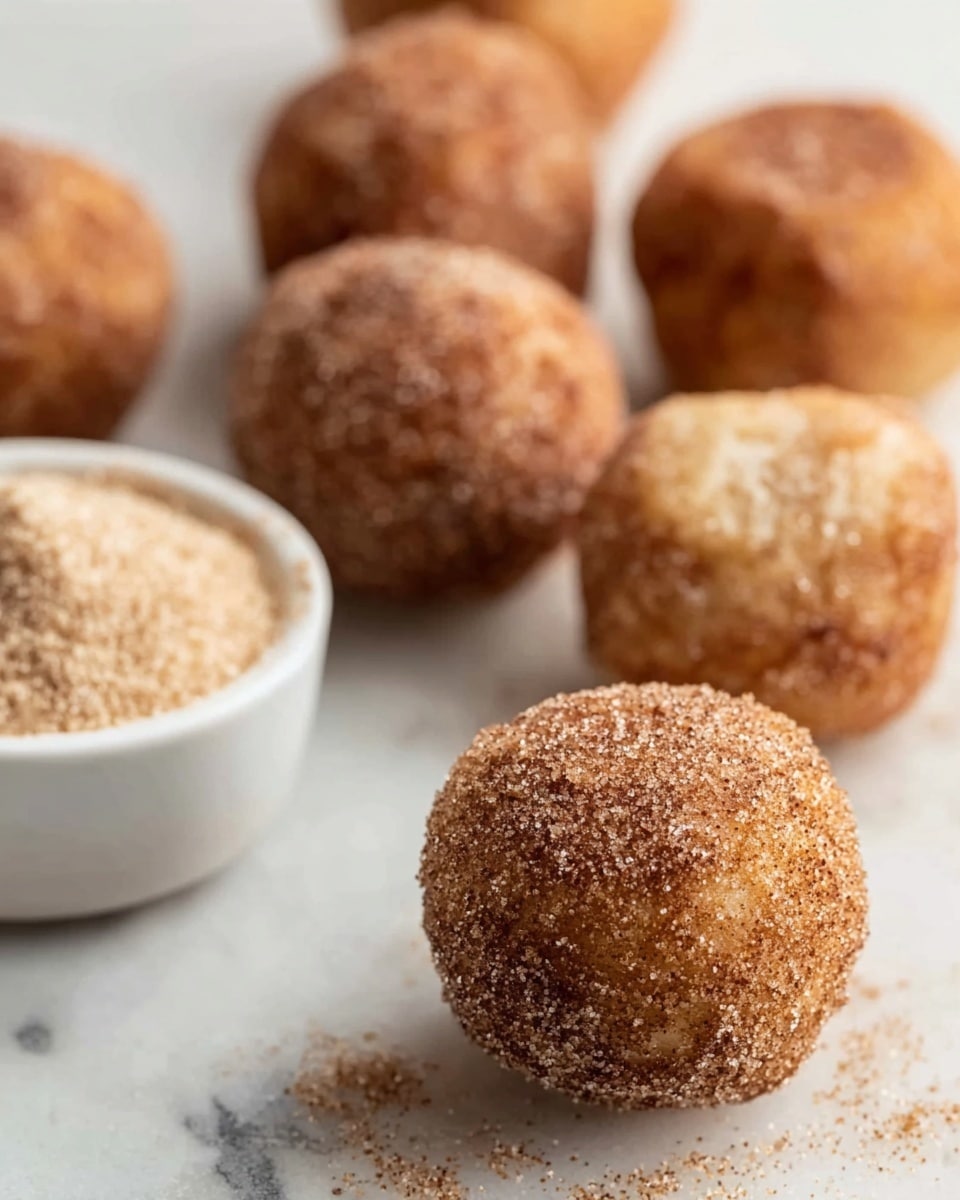 The image shows several small round donut holes with a rough, grainy texture covered in cinnamon sugar. They are arranged on a white marbled surface in a scattered way, with the focus on one donut hole in the front center, which appears to have a light golden-brown color beneath the cinnamon sugar coating. Behind and around the main donut hole, more donut holes appear slightly blurry, suggesting depth. To the left side of the image, there is a small white bowl filled with cinnamon sugar. The overall color scheme is warm and light, with soft natural lighting highlighting the sugar texture and the golden color of the donuts. Photo taken with an iphone --ar 4:5 --v 7